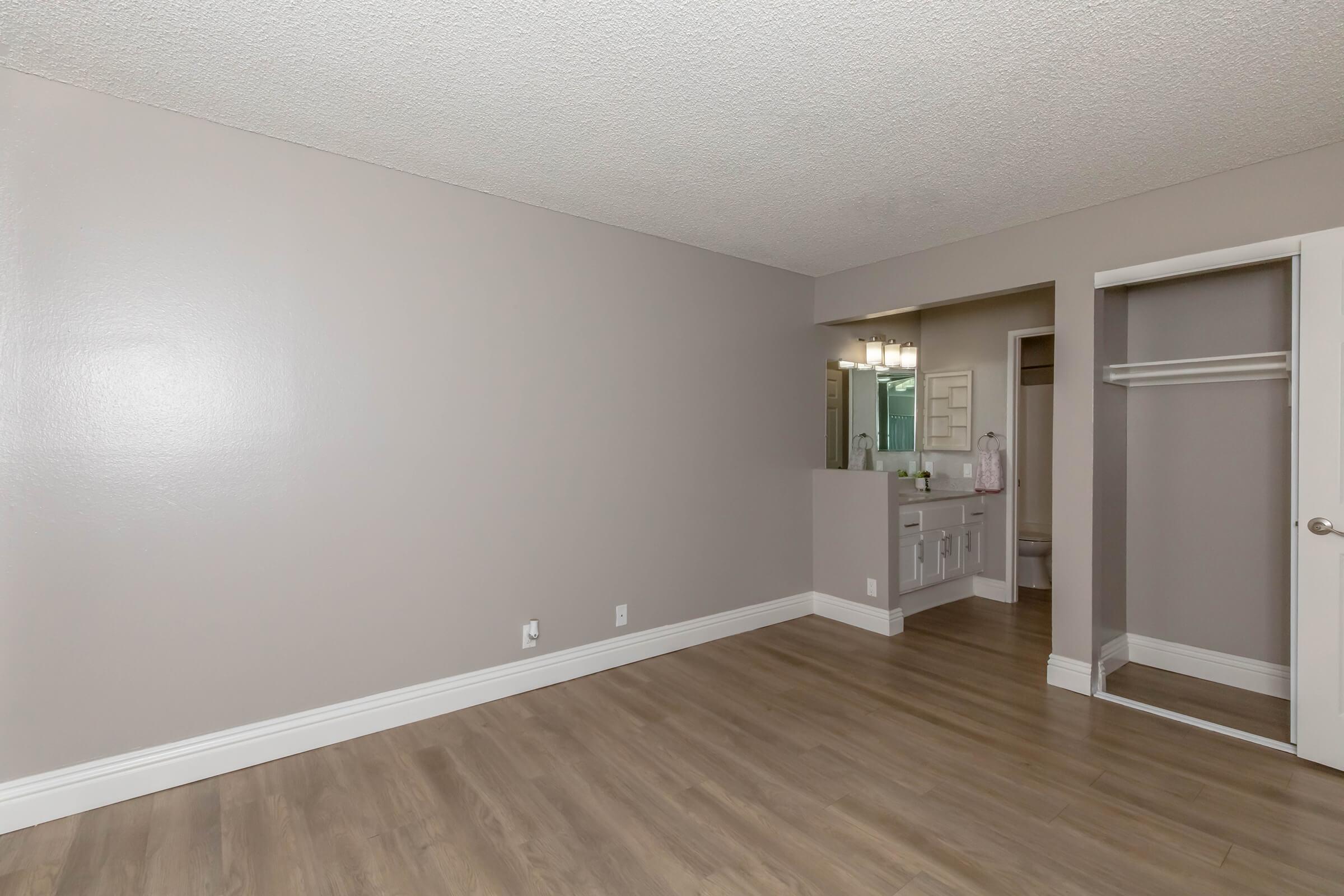 A spacious, neutral-colored room featuring light wood flooring, a closet with a sliding door, and an adjacent area with a vanity and mirror. The walls are painted a soft gray, creating a calm atmosphere. Natural light illuminates the space, enhancing its inviting feel.