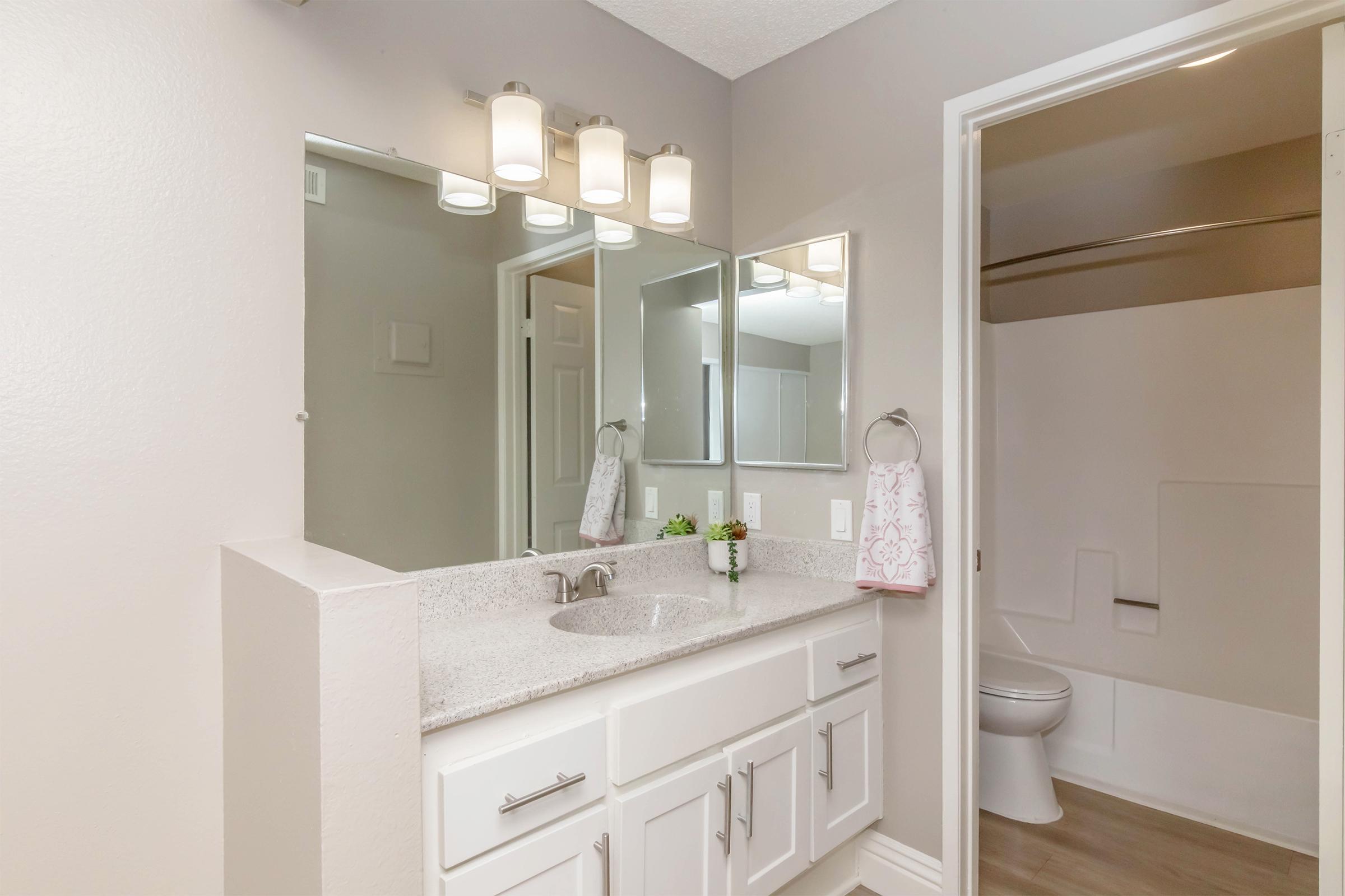 Modern bathroom featuring a dual sink vanity with granite countertop, a large mirror, and stylish light fixtures. There is a towel rack with a decorative towel and a glimpse of a toilet and shower area behind a door. The walls are painted in a light gray color, creating a clean and spacious ambiance.