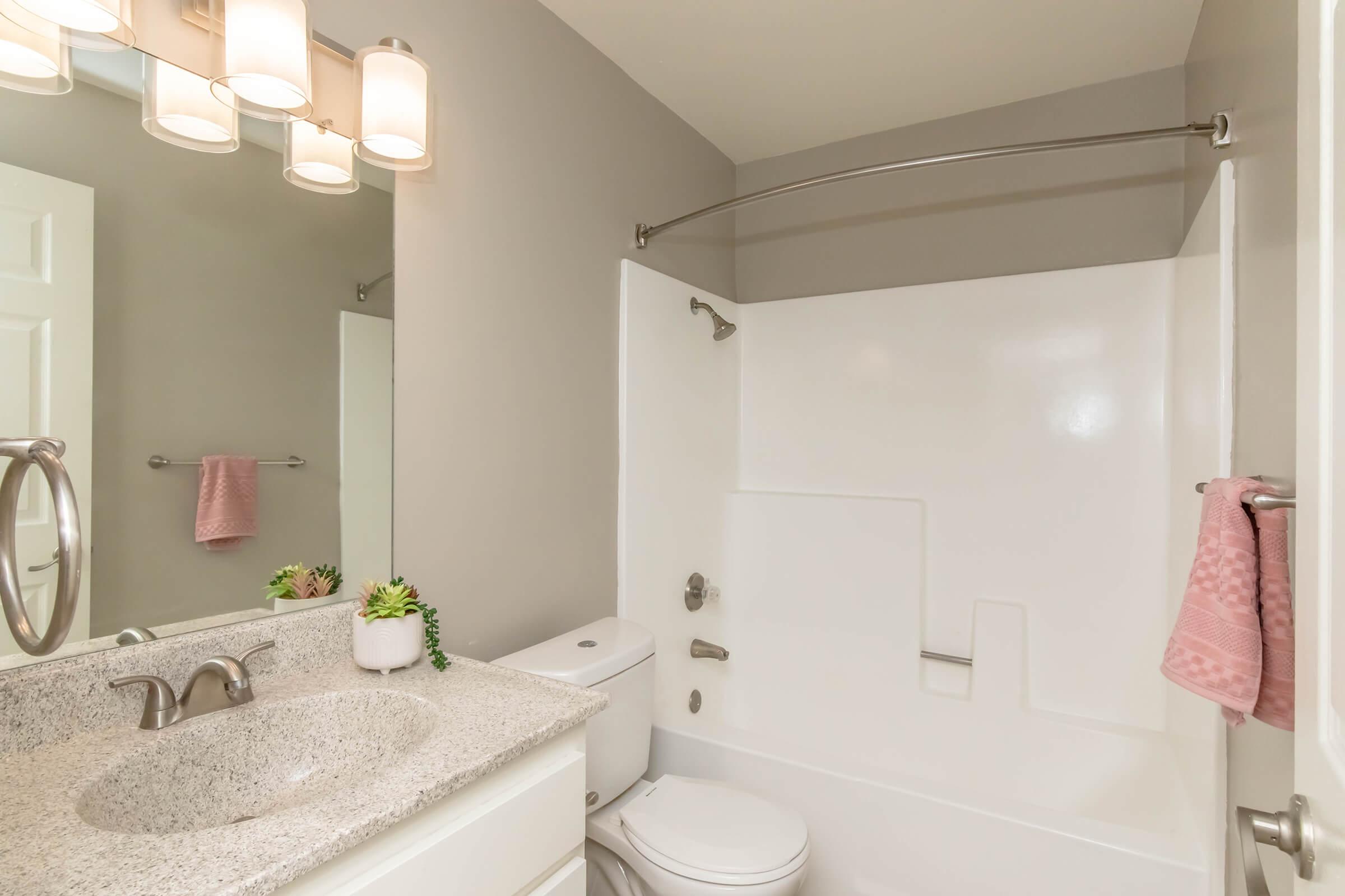 A well-lit bathroom featuring a white tub and shower combination, a beige countertop with a small potted plant, a mirror, and modern light fixtures. Soft pink towels are hung on a rack and looped on a towel bar, creating a clean and inviting atmosphere.