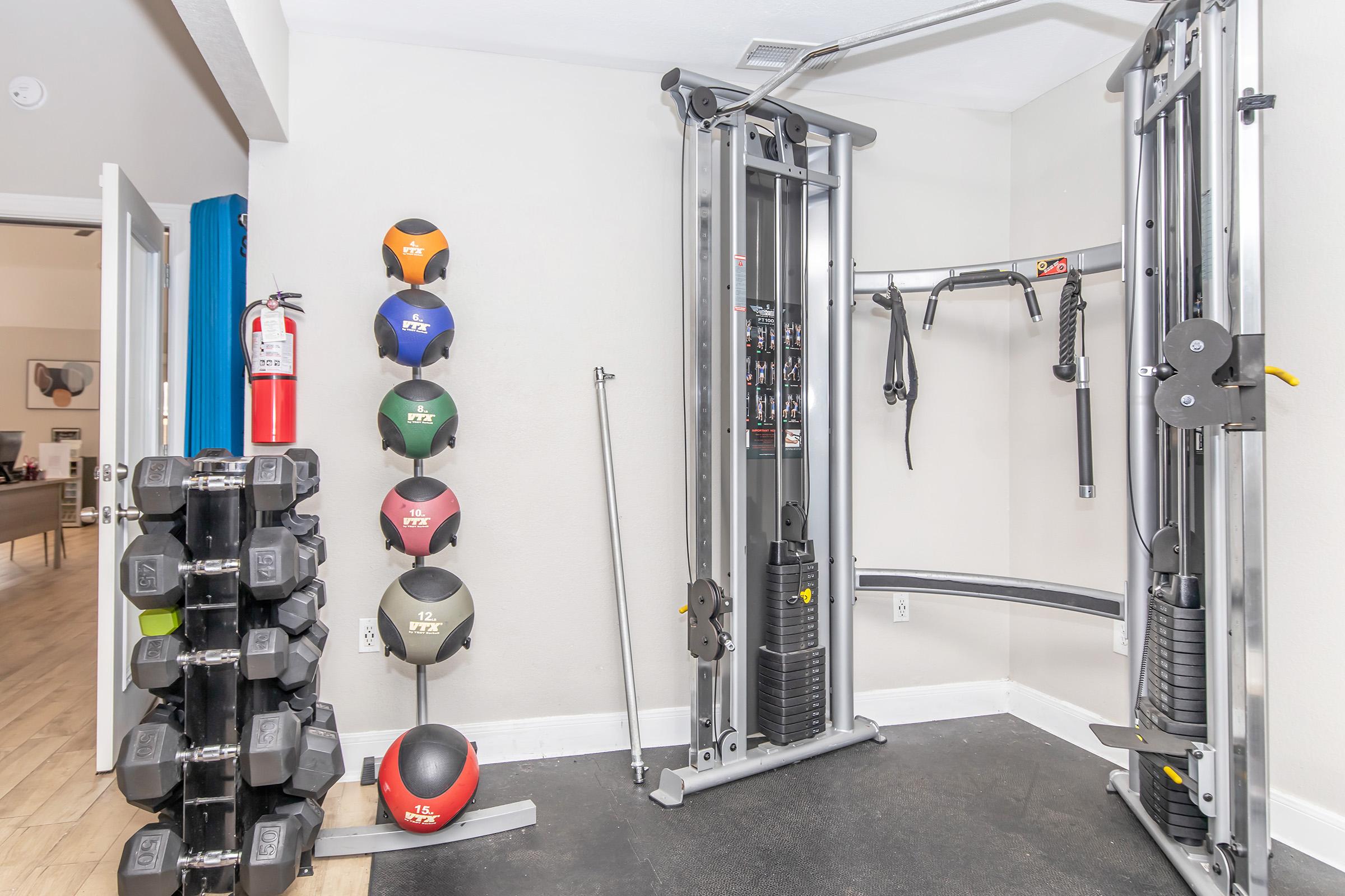A home gym setup featuring a multifunctional weight machine, a rack of colorful medicine balls, and a set of dumbbells on a stand. The room has light-colored walls and wood flooring, with an open doorway to another space in the background. A fire extinguisher is mounted on the wall.