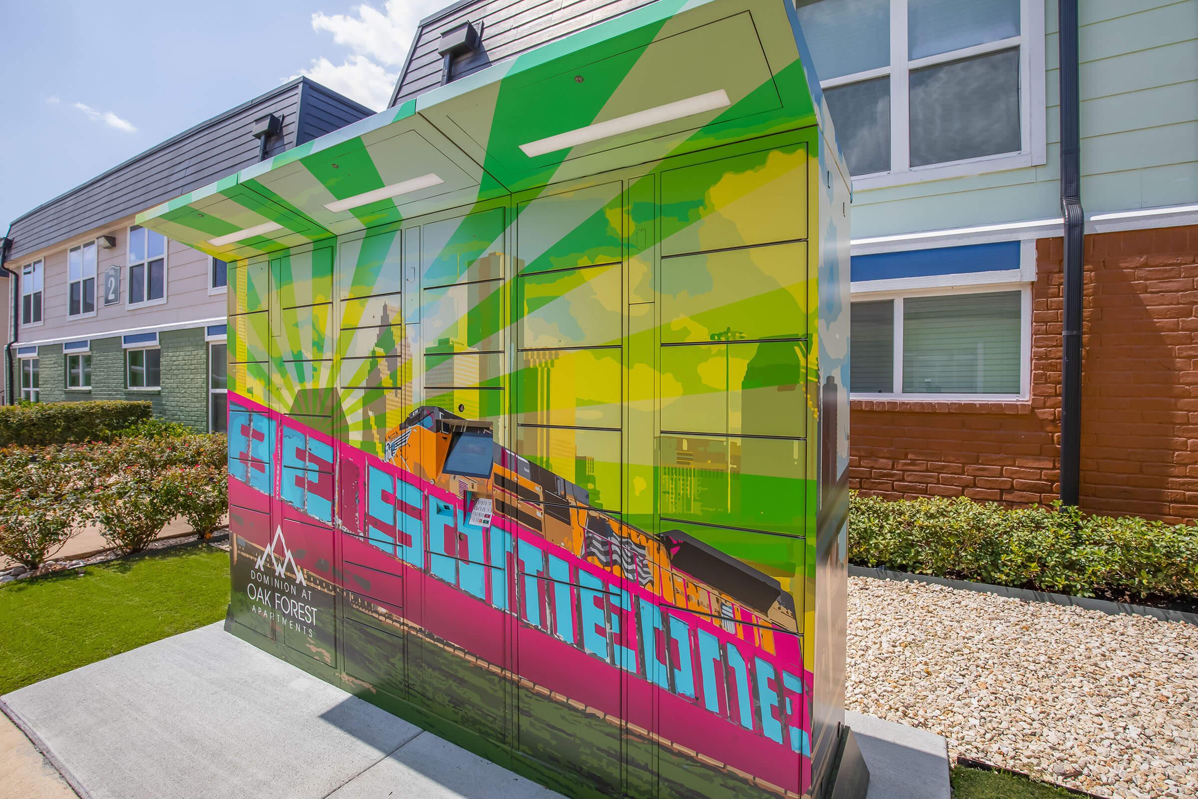 a colorful bus parked in front of a building