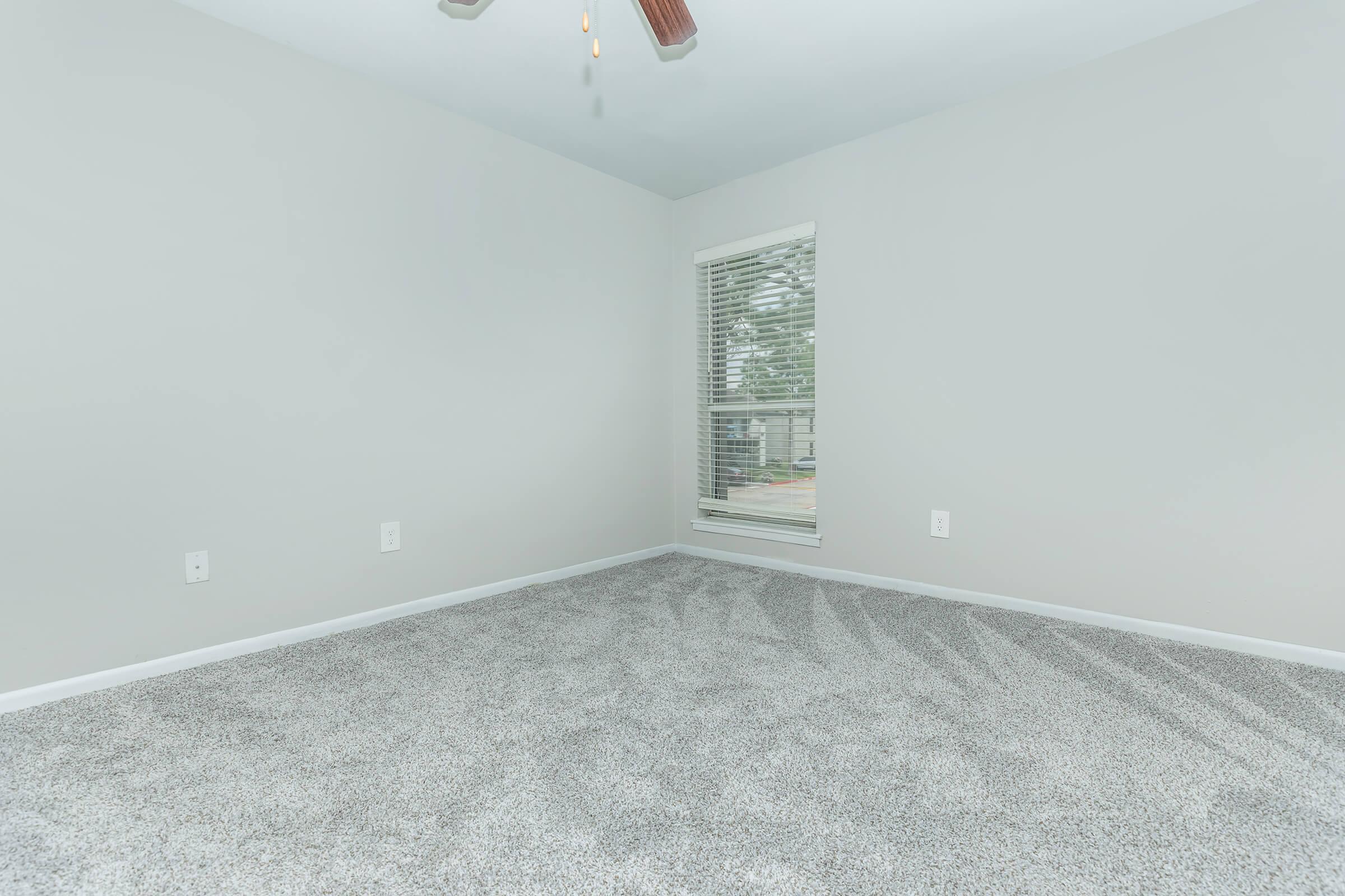 A spacious, empty room with light gray walls and plush gray carpeting. A ceiling fan is mounted on the ceiling, and a window with horizontal blinds allows natural light to enter, providing a view of the outside. The overall aesthetic is minimalistic and inviting.