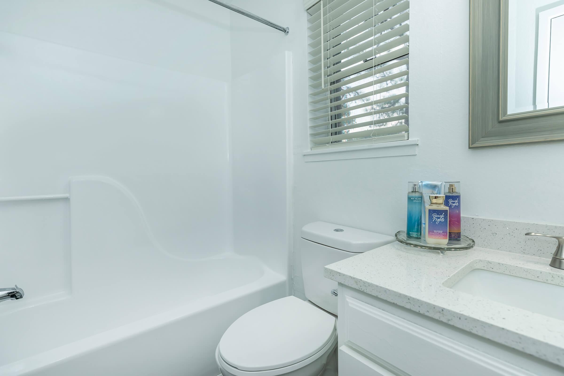 A clean, modern bathroom featuring a white bathtub with a shower, a toilet, and a sink with a countertop. Natural light enters through a window with blinds, and toiletries are displayed on a circular tray next to the sink. The overall decor is simple and bright.