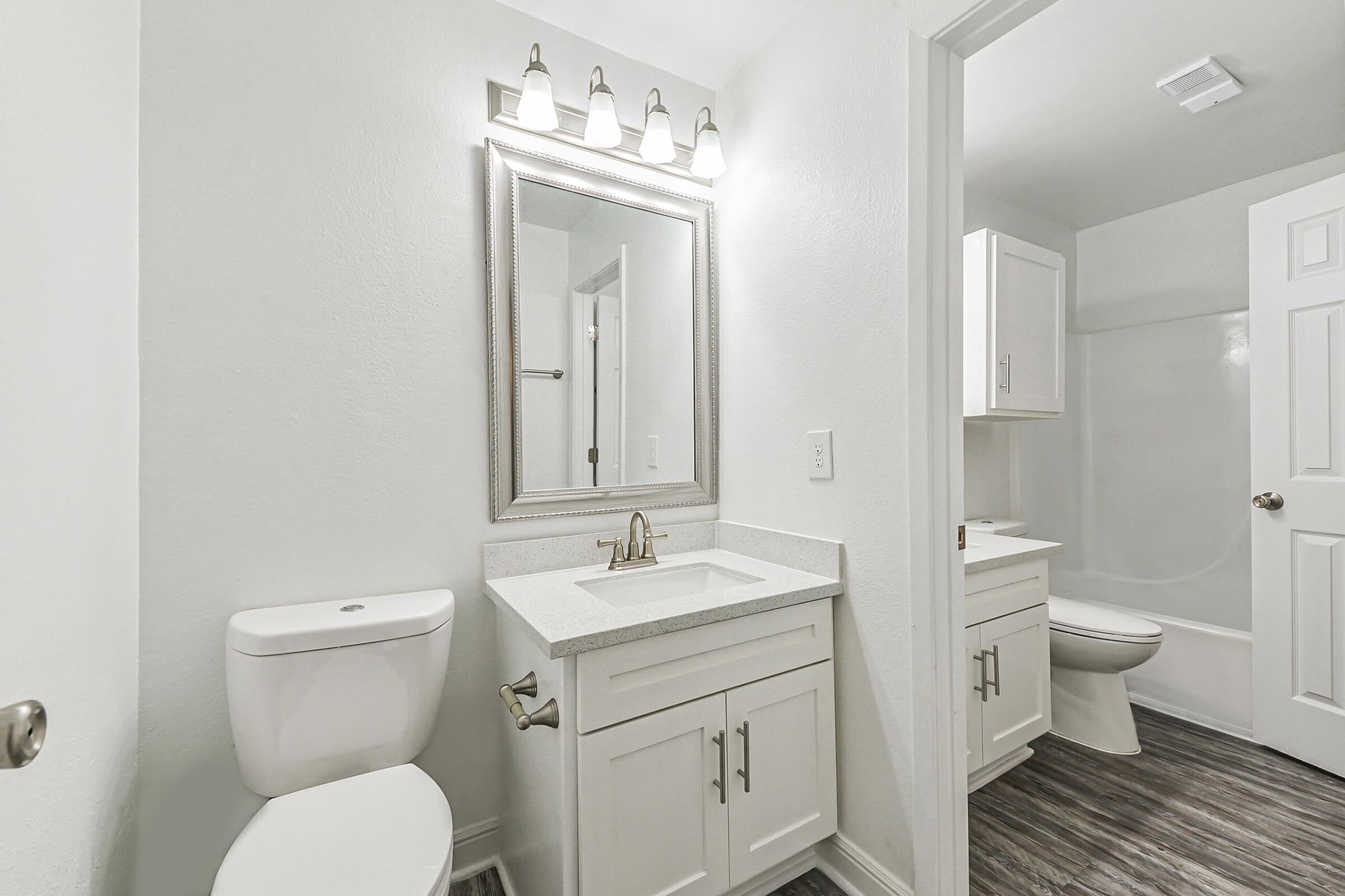 A modern bathroom featuring a white vanity with a large mirror, stylish lighting above, and a toilet. The walls are painted in a light color, and the flooring has a wood-like texture. A door leads to a separate area, likely containing a shower or bath. Clean and contemporary design.