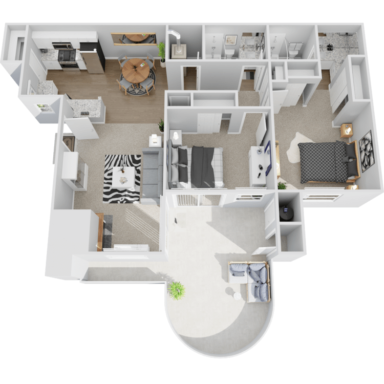 Plan B2, a 2 bedroom 2 bathroom floor plan.
