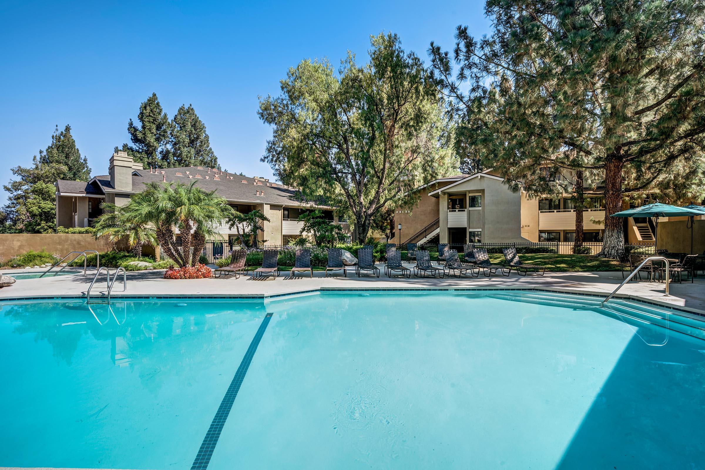A clear swimming pool surrounded by palm trees and lounge chairs, with a backdrop of lush greenery and apartment buildings. The sky is bright blue, indicating a sunny day, creating a tranquil and inviting outdoor space.