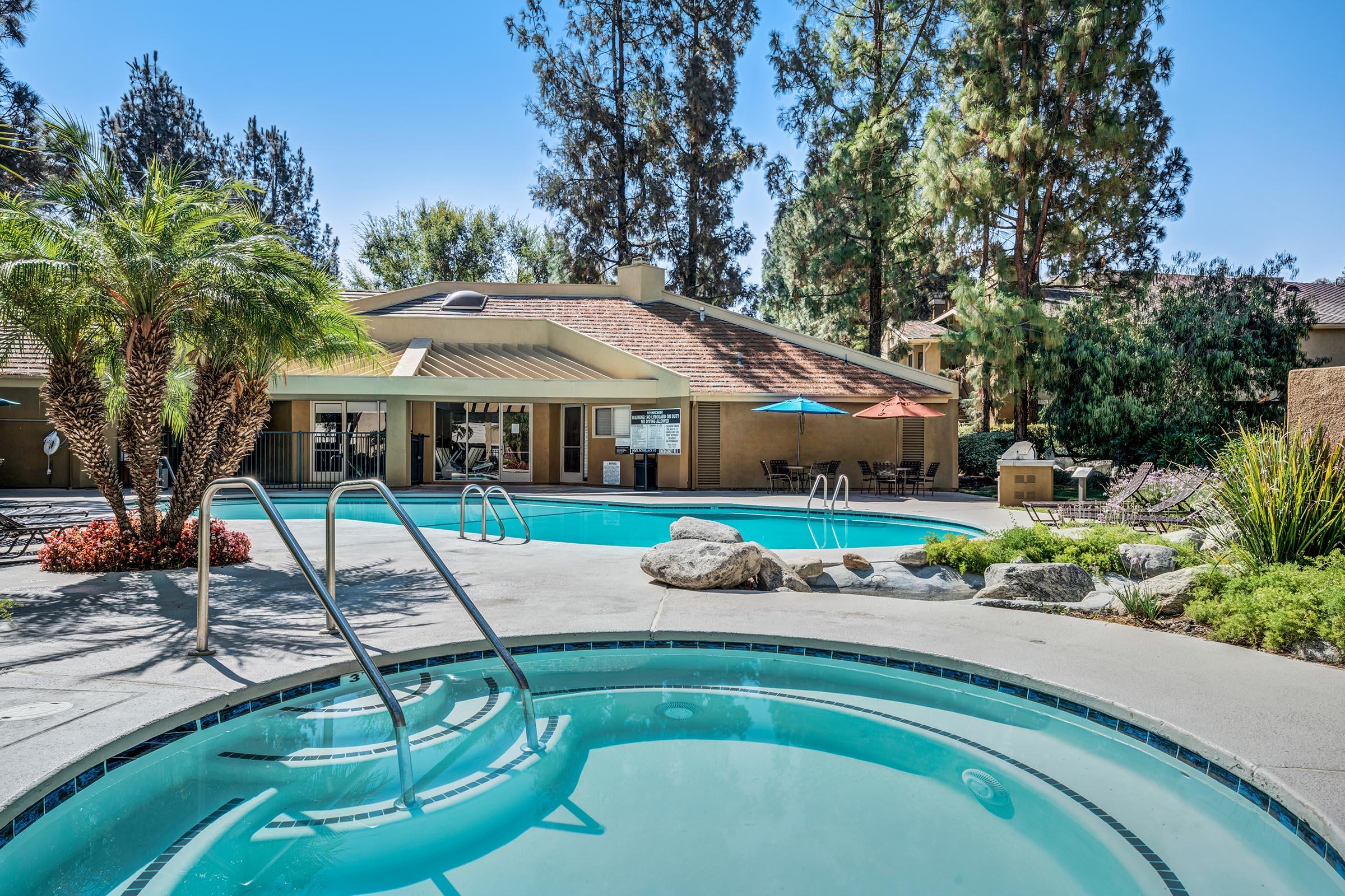 A bright outdoor pool area featuring a jacuzzi in the foreground, surrounded by palm trees and landscaped greenery. In the background, a pool with lounge chairs and colorful umbrellas is visible. A modern building with large windows is situated behind the pools, set against a clear blue sky.