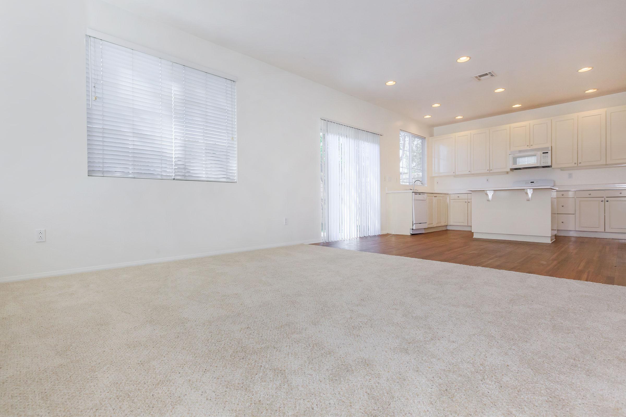 A bright, spacious living area featuring light-colored walls and hardwood flooring. The room has a large window with blinds, allowing natural light to enter. An adjacent kitchen area is visible, equipped with white cabinets and appliances, creating an open and inviting atmosphere. The carpeted floor adds warmth to the space.