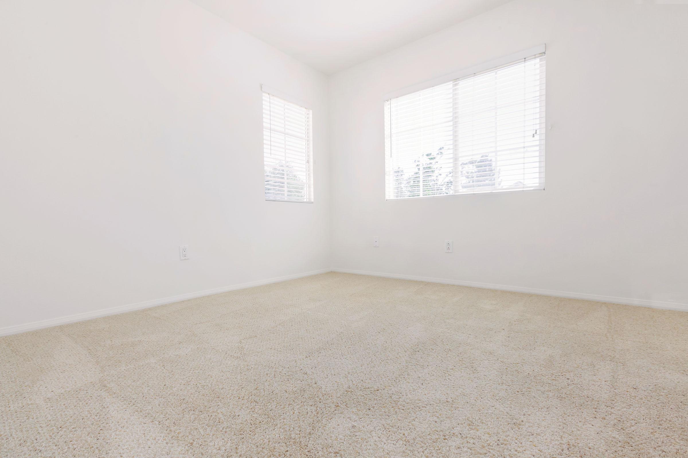A spacious, empty room with beige carpet and white walls. It features two windows with white blinds, allowing natural light to enter, creating a bright and airy atmosphere. The room is uncluttered and ready for furnishing or decoration.