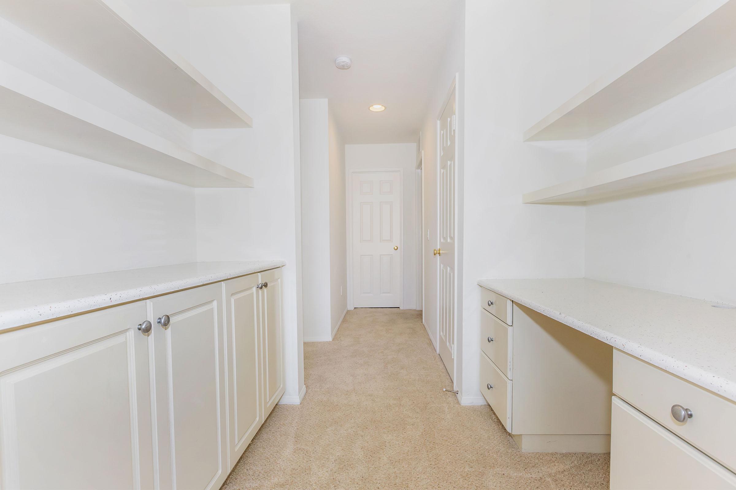 A spacious, well-lit empty room featuring beige carpet and white walls. There are built-in shelves on both sides and cabinetry with light-colored countertops, creating a clean and organized look. A door is visible at the end of the hallway.
