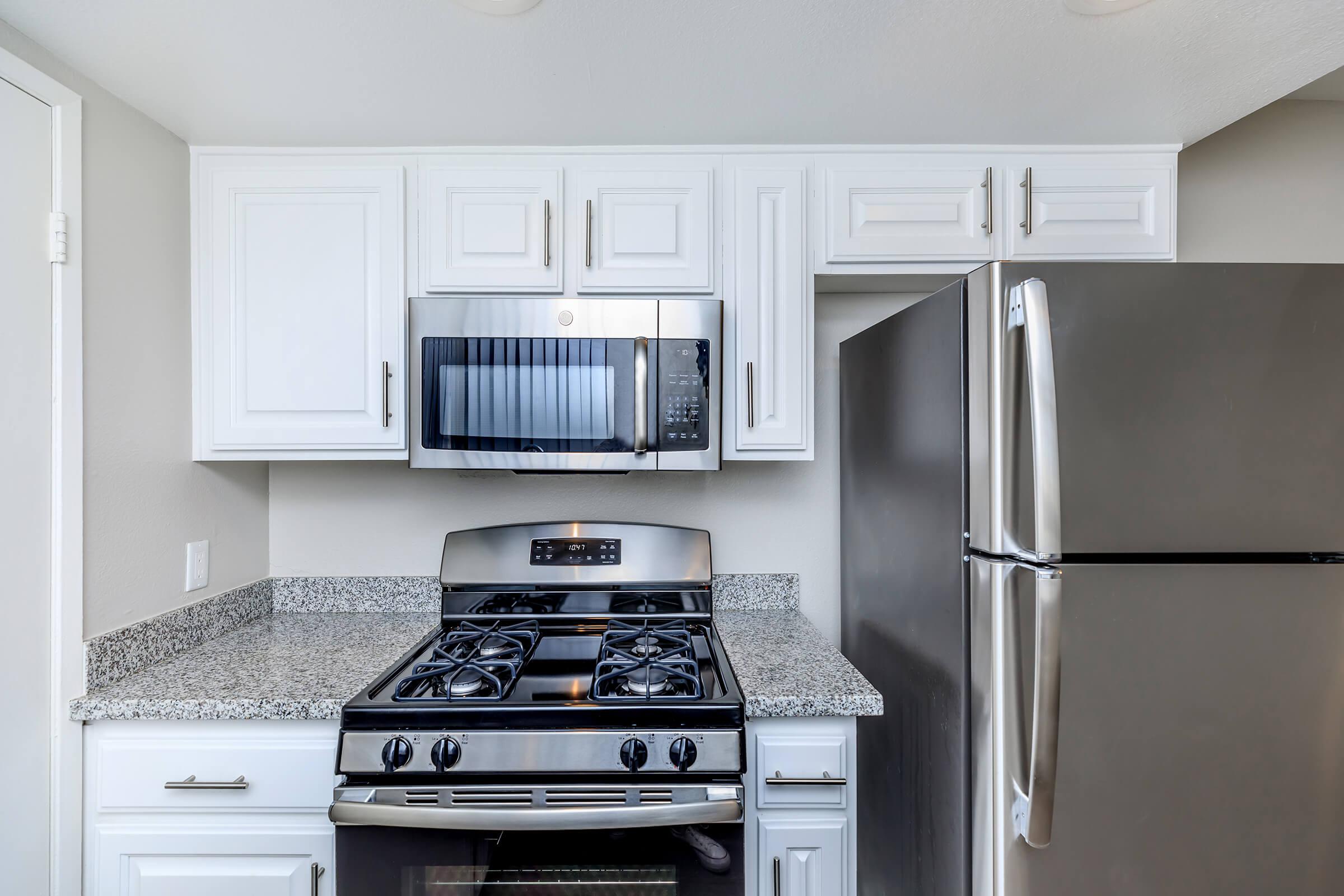 Kitchen stove and fridge with granite countertops