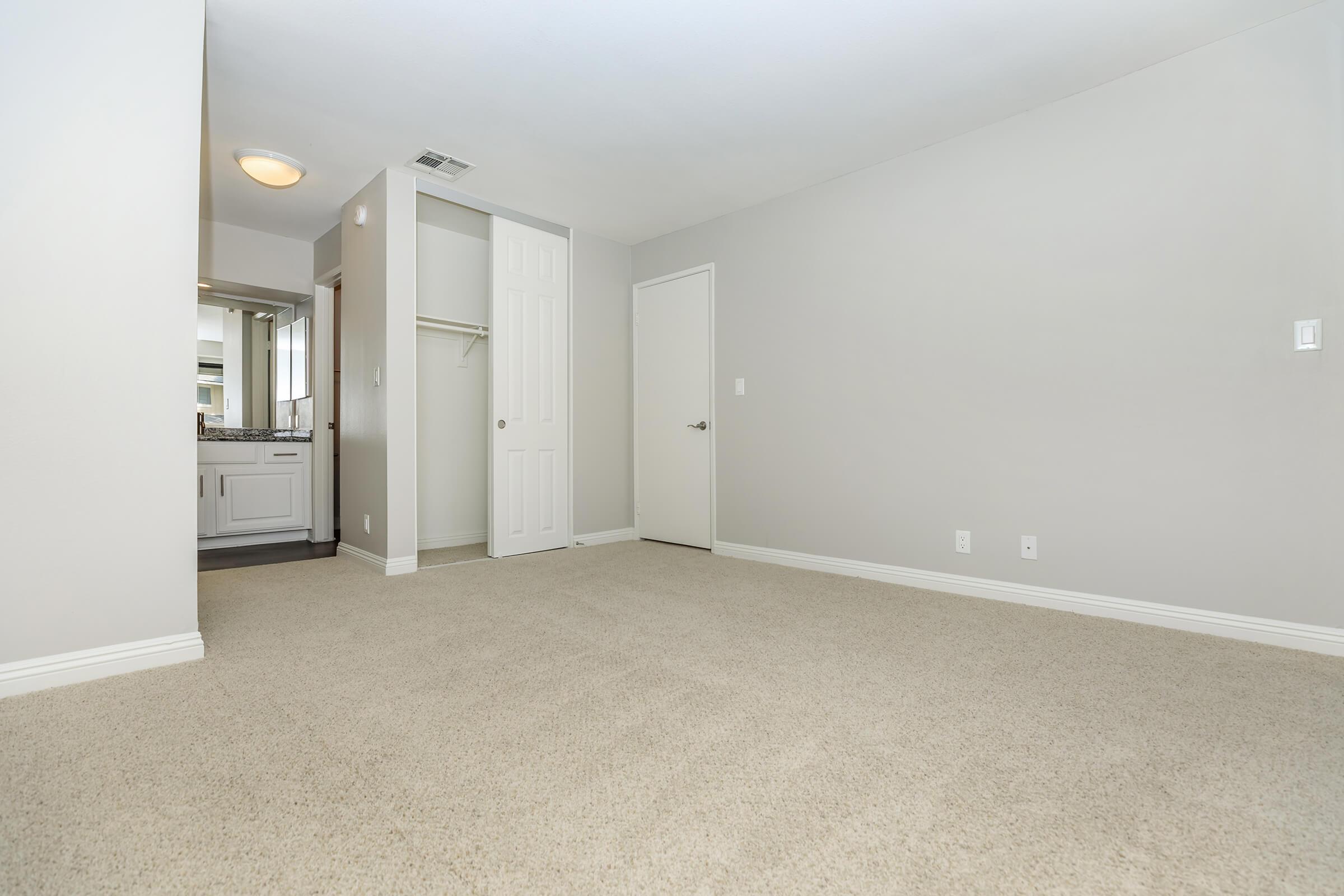 A spacious, empty room with light gray walls and beige carpet. On one side, there is a closed door leading to a bathroom with a mirror and vanity. A small closet area is visible next to the bathroom entrance. The room is well-lit with a ceiling light fixture, creating a bright and airy atmosphere.
