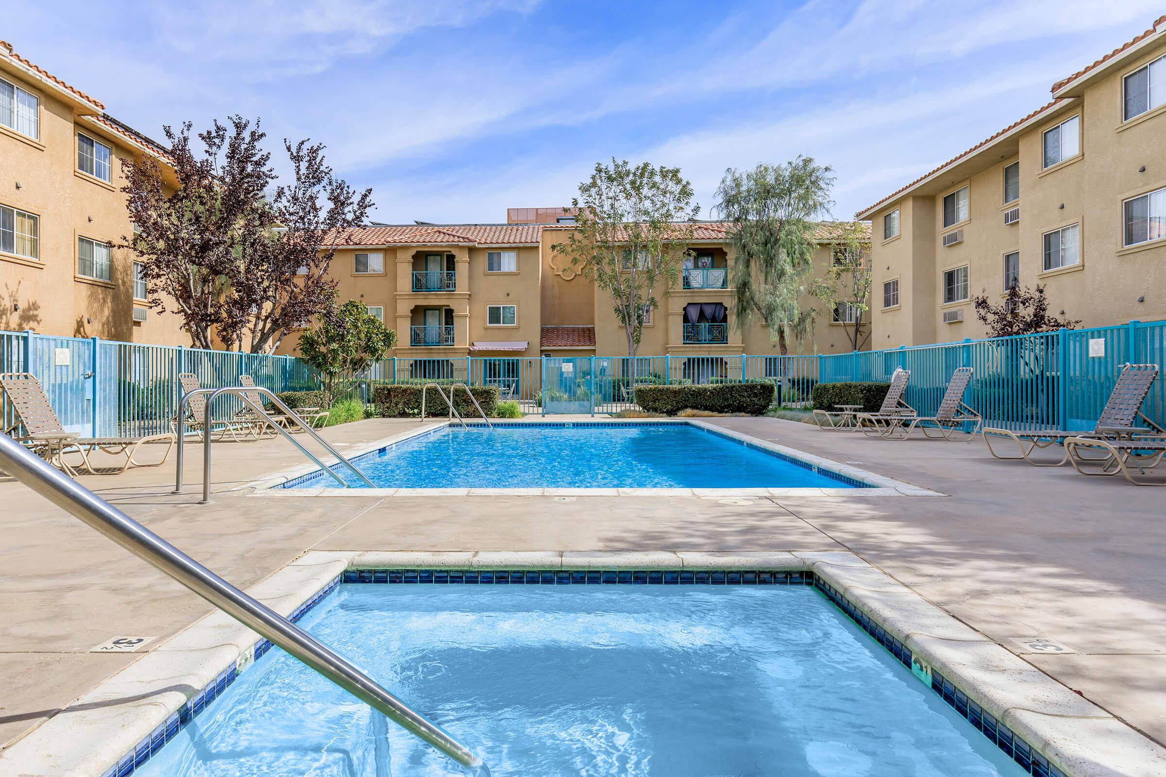 a pool next to a building