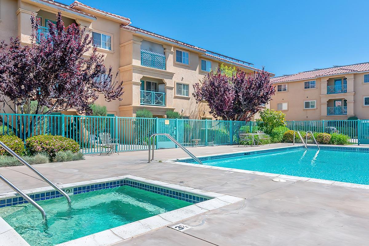 a pool in front of a building