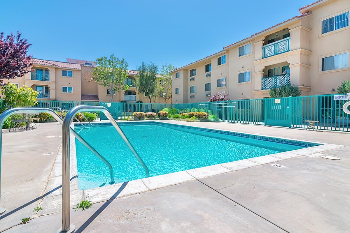 a pool next to a building