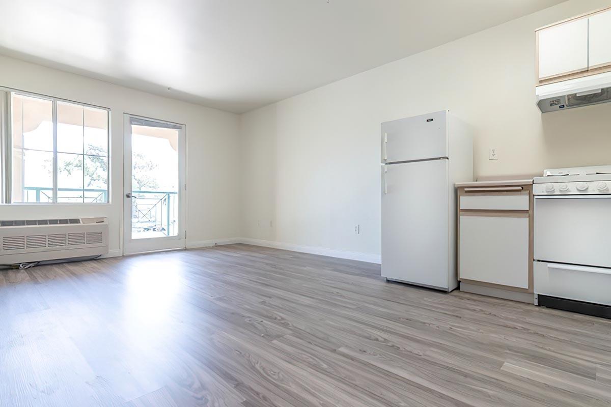 a kitchen with a wood floor