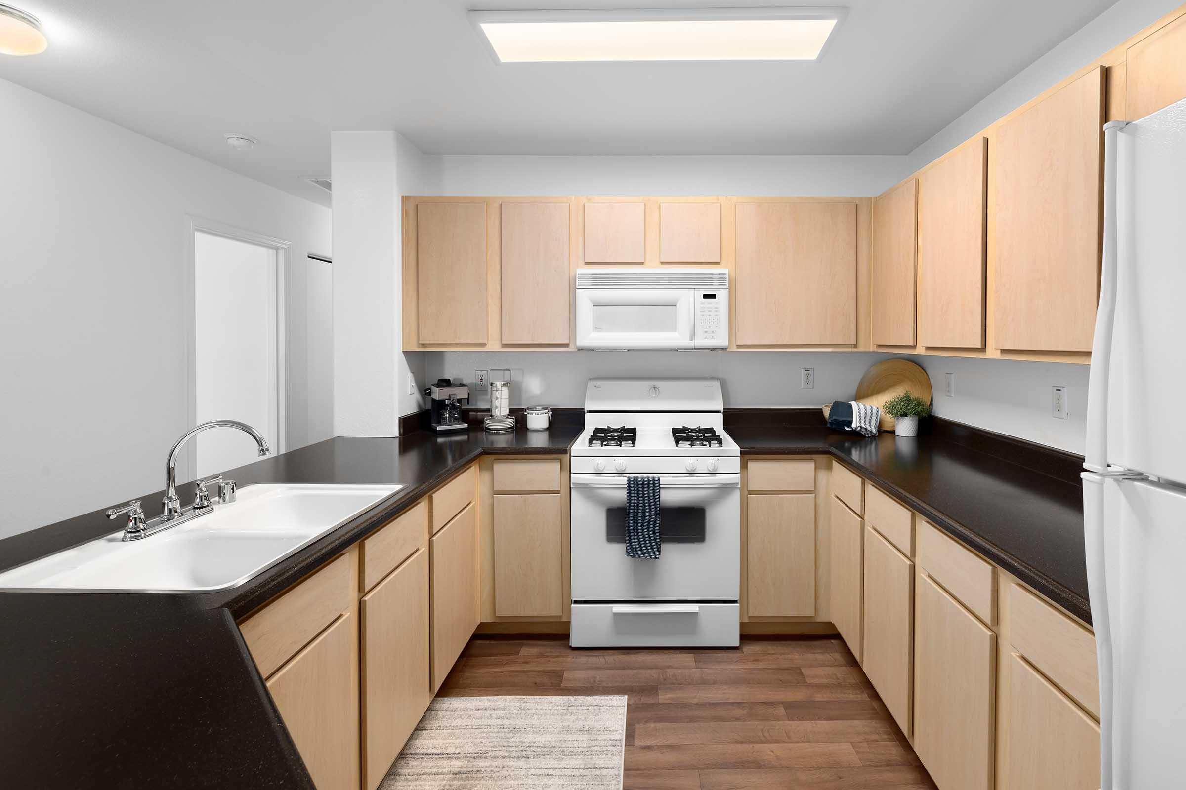 A modern kitchen featuring light wood cabinets, a white stove and microwave, a double sink, and a black countertop. The space includes a dish drying rack and a small plant on the counter, with a light-colored rug on the floor and a bright overhead light.