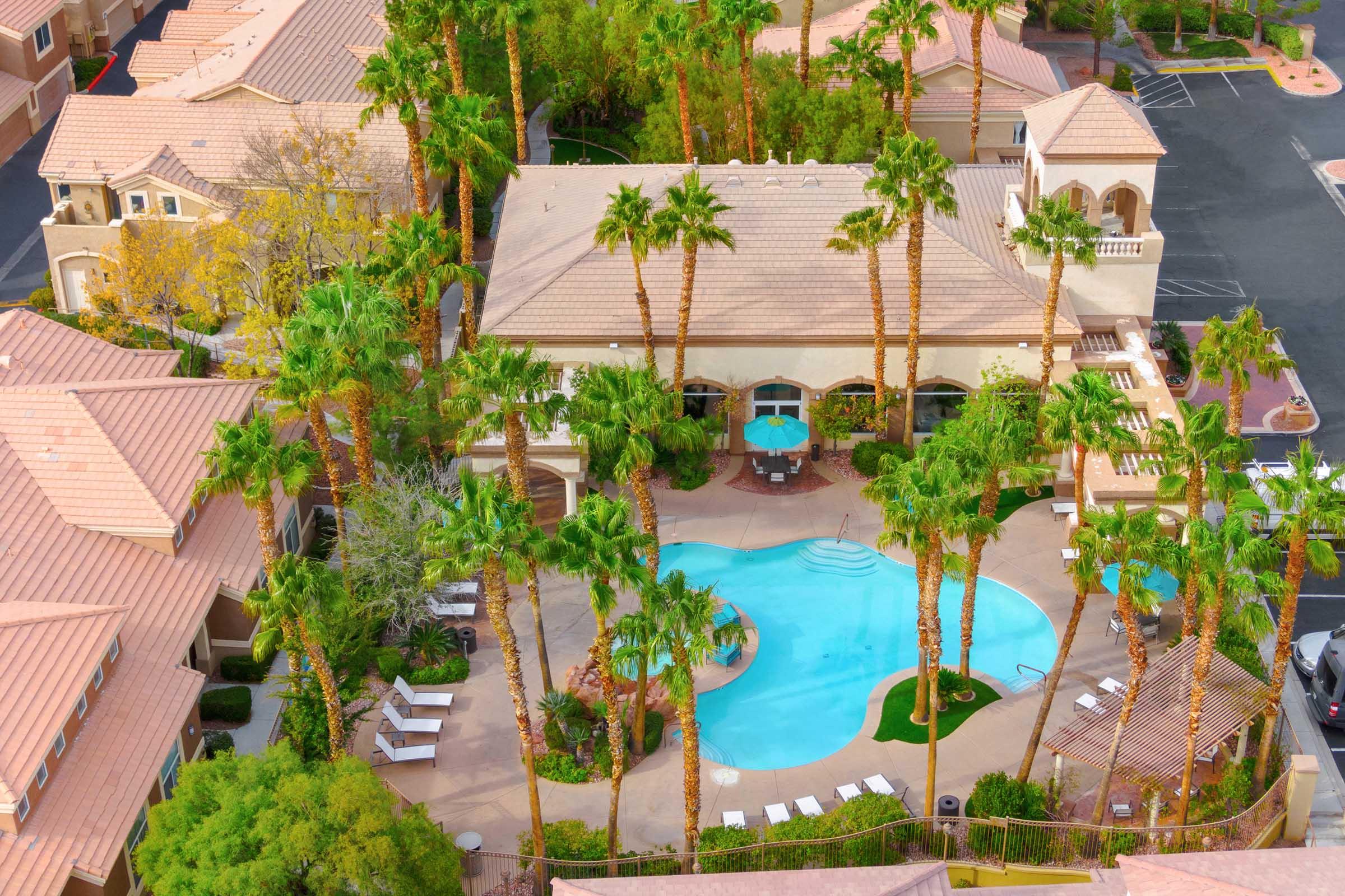 aerial view of pool with palm trees