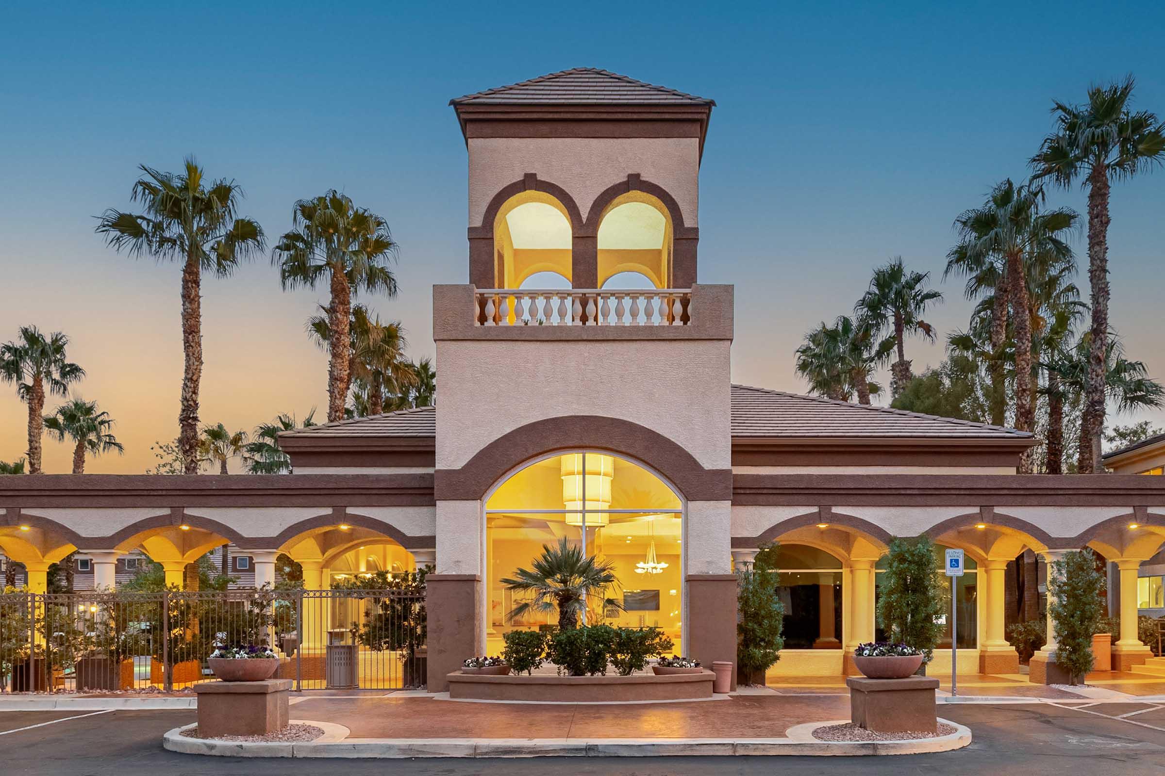 leasing office exterior at dusk