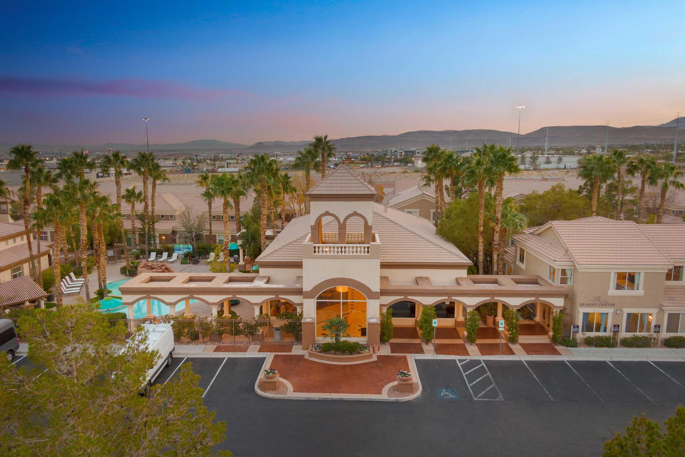 aerial view leasing office exterior at dusk