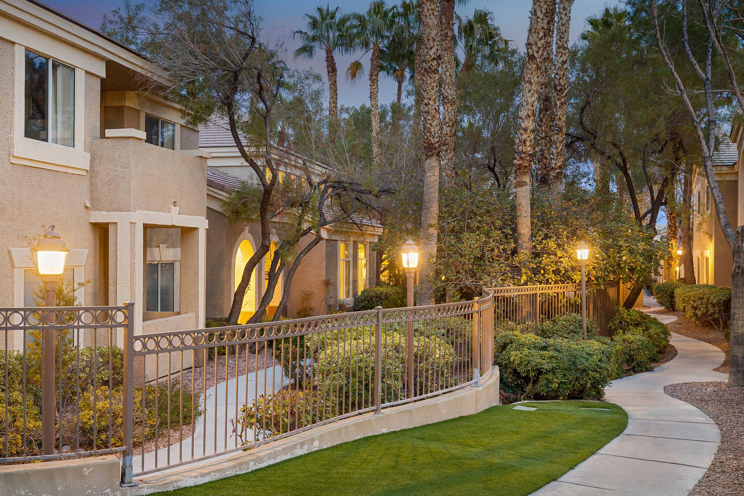 landscaped walkway at dusk