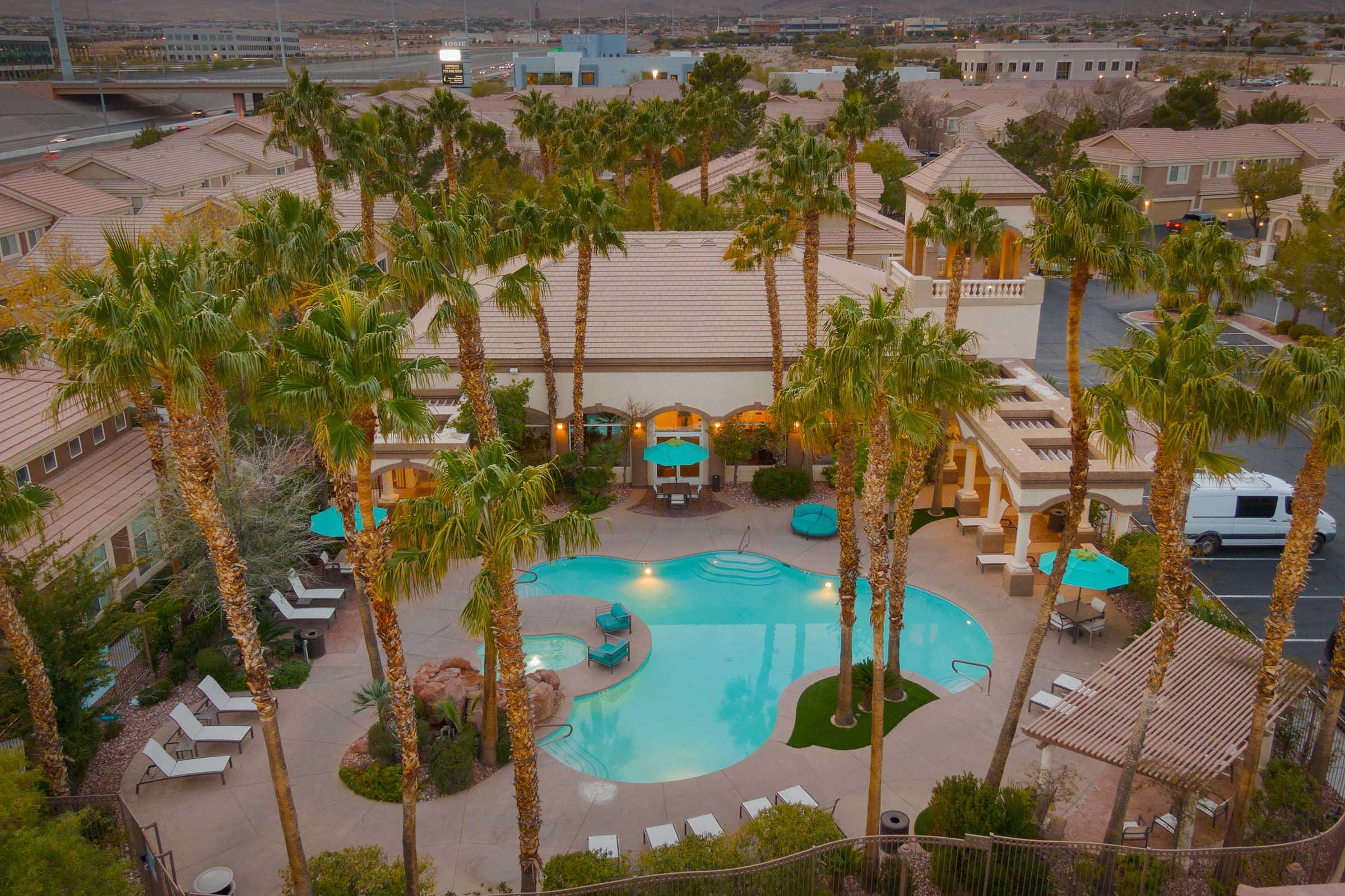 aerial view of pool dusk