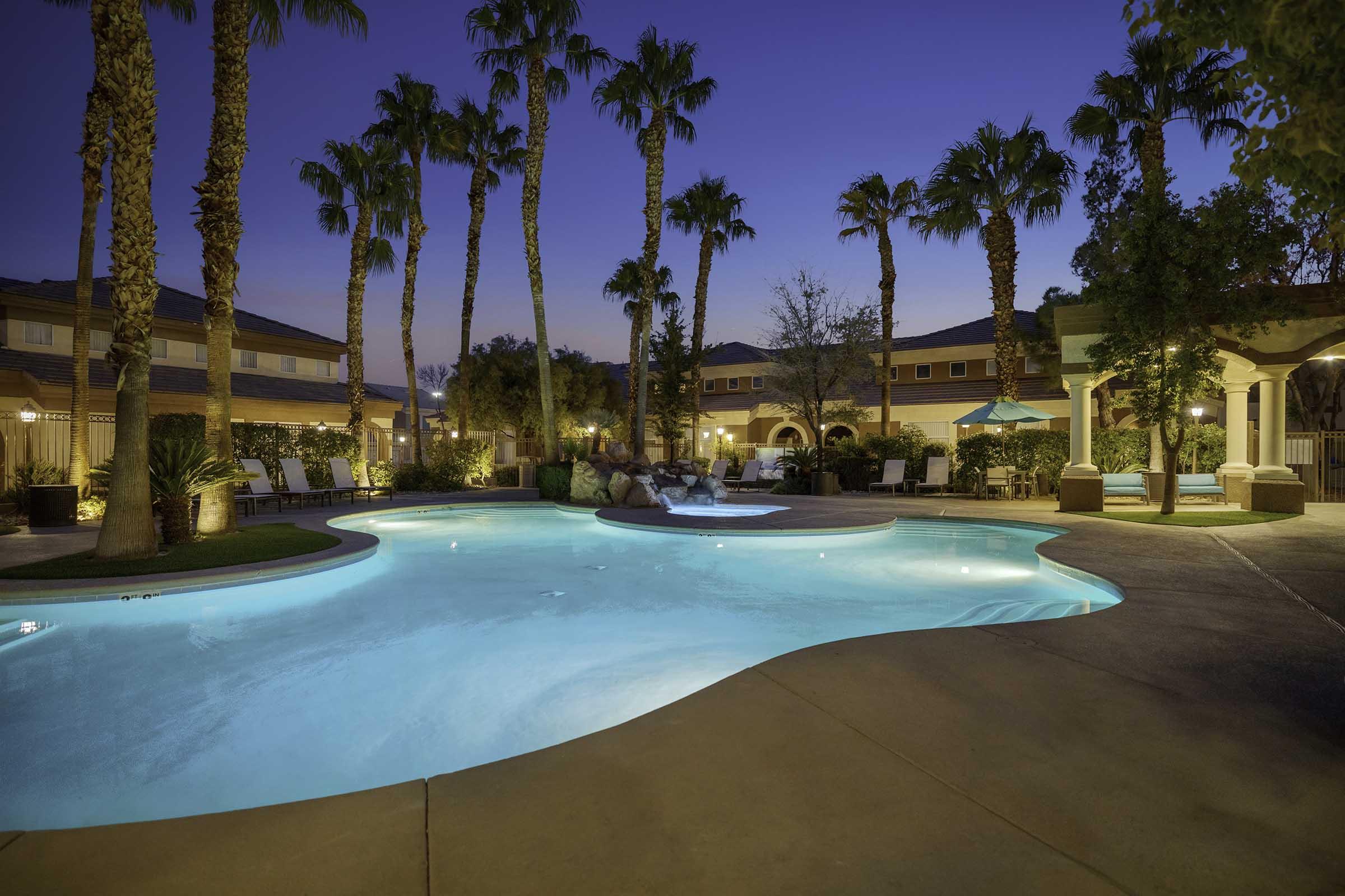 lighted pool at dusk