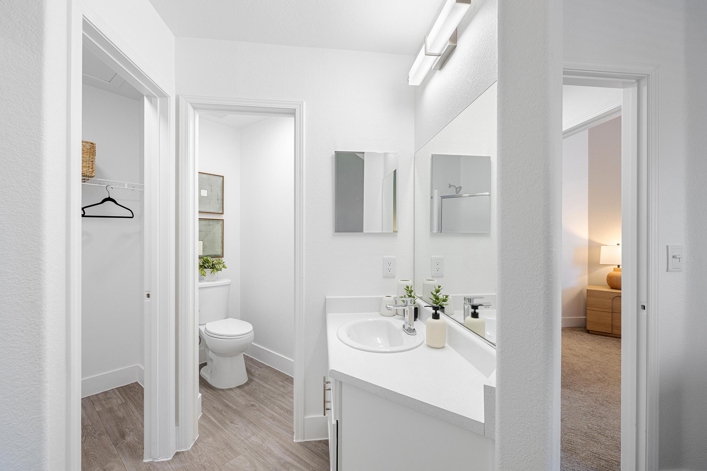 A modern bathroom with a white vanity and sink, a mirror above the sink, and two doorways leading to other rooms. On the left, a small closet with a hanger is visible. A toilet is located in the background, with a plant on the counter and framed artwork on the wall, contributing to a clean and minimalistic aesthetic.