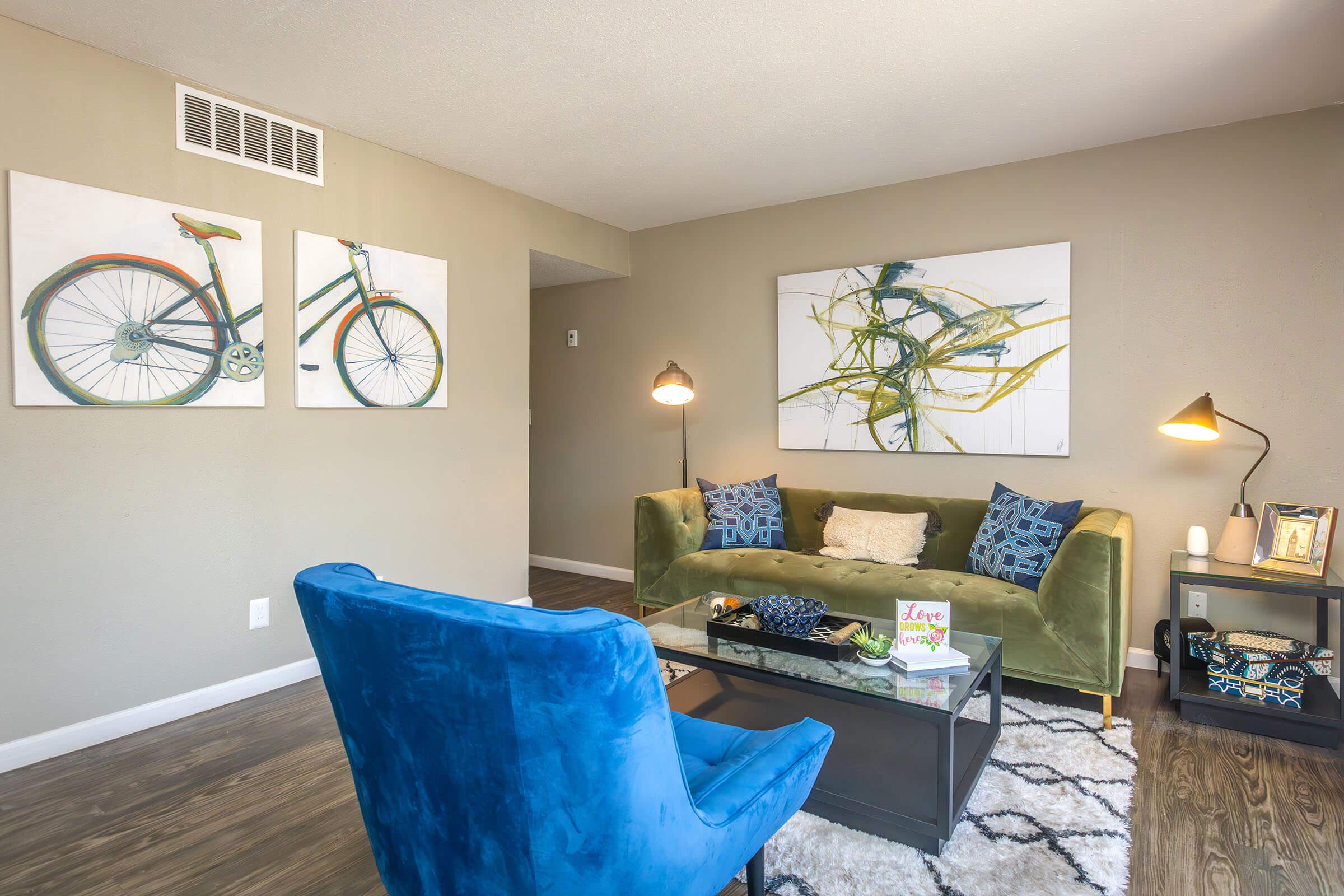 a living room with blue walls