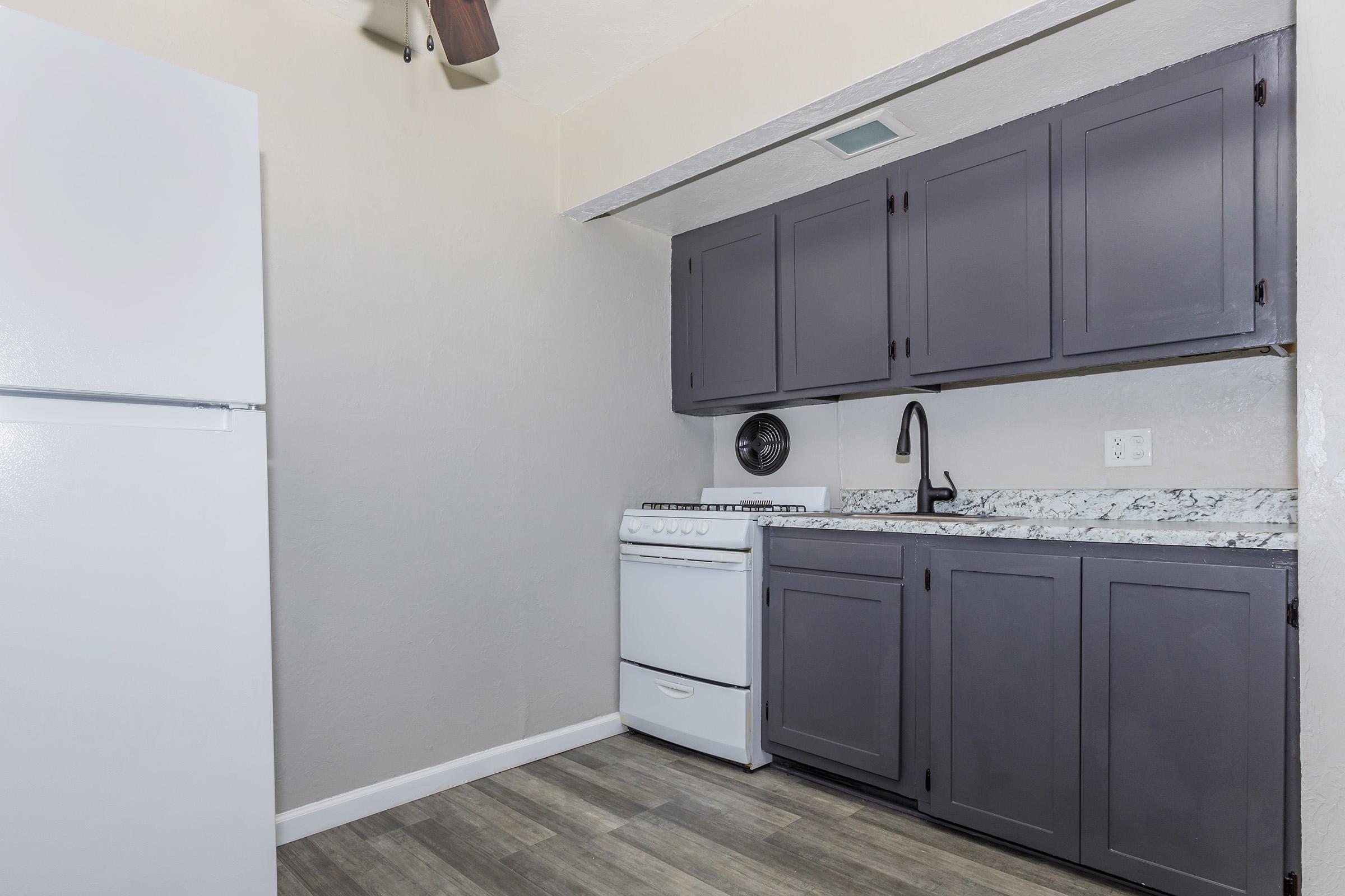 a kitchen with a stove and a refrigerator