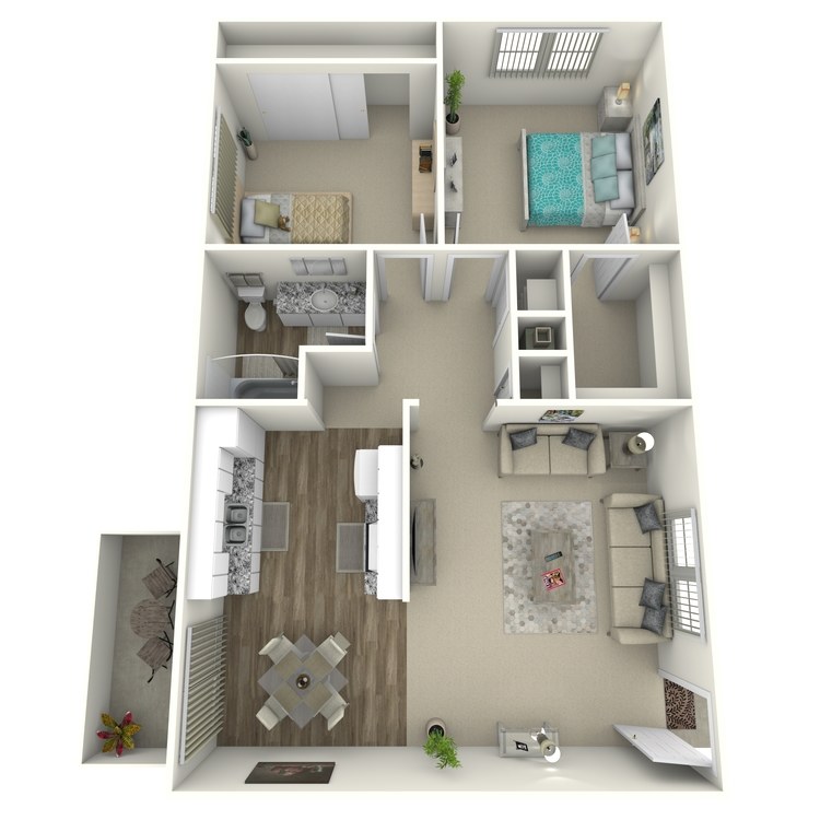 Plan D, a 2 bedroom 1 bathroom floor plan.