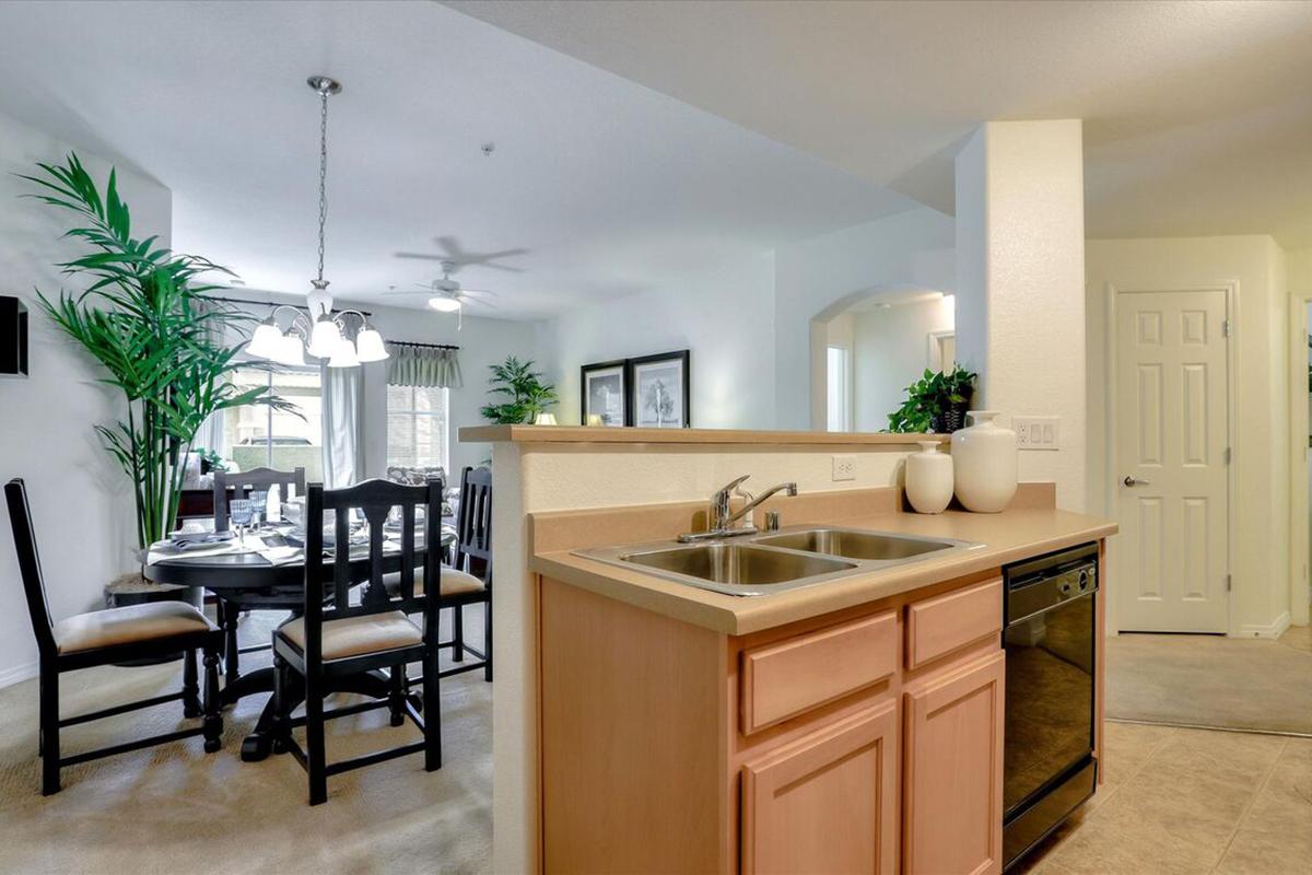 Modern kitchen with a double sink and dishwasher, separated from the dining area by a low counter. The dining area features a round table set for four, with a light fixture overhead. The space is decorated with indoor plants and has light-colored walls and carpet, creating a bright and inviting atmosphere.