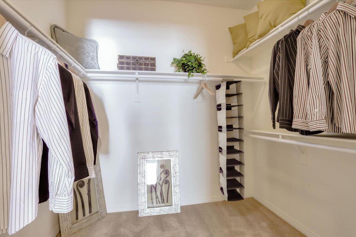A well-organized walk-in closet featuring neatly hung striped shirts on two clothing rods. Shelves hold decorative pillows and a plant. A framed mirror with artistic design stands on the carpeted floor, adding a touch of elegance to the space.
