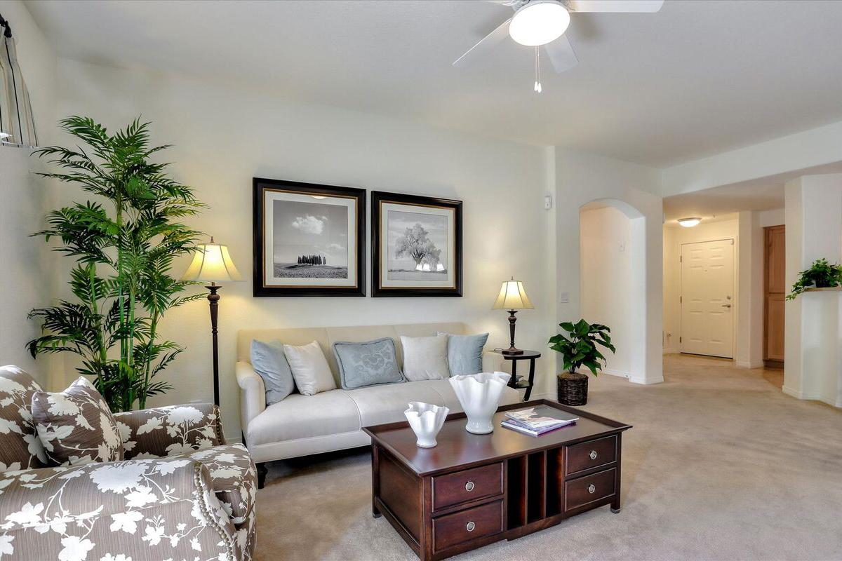 A cozy living room featuring a light-colored sofa with decorative pillows, a wooden coffee table with books and a decorative vase, and two lampstands. Tall plants and framed artwork add a touch of elegance, while soft carpet and warm lighting create a welcoming atmosphere.