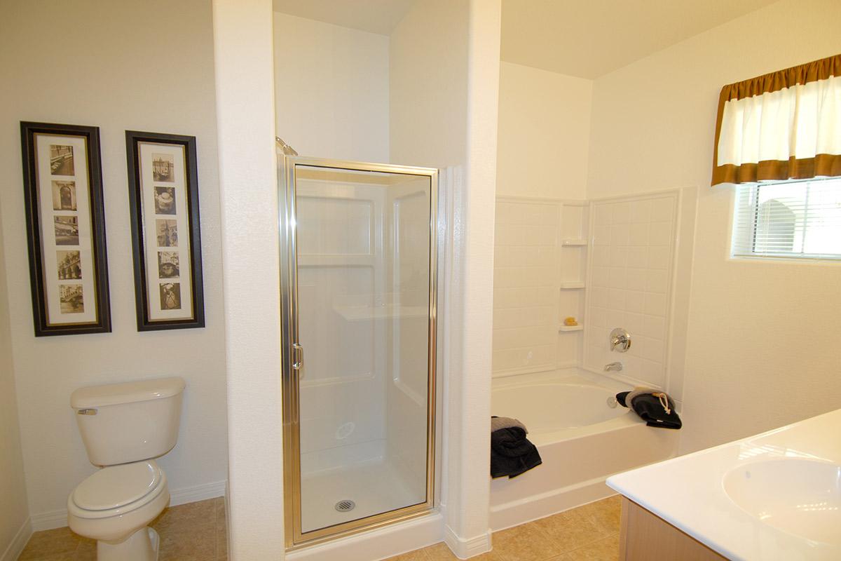 A modern bathroom featuring a glass shower enclosure and a separate bathtub. There's a toilet on the left and a double sink vanity. Two framed pictures adorn the wall beside the shower, and a neutral color palette enhances the clean aesthetic. Towels are neatly placed on the bathtub.