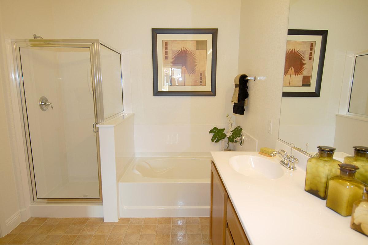 A modern bathroom featuring a glass shower enclosure and a separate bathtub. The countertop has decorative glass jars and a sink. Two framed artworks adorn the walls, and a small plant adds a touch of greenery. The overall design is bright and clean with neutral tones.