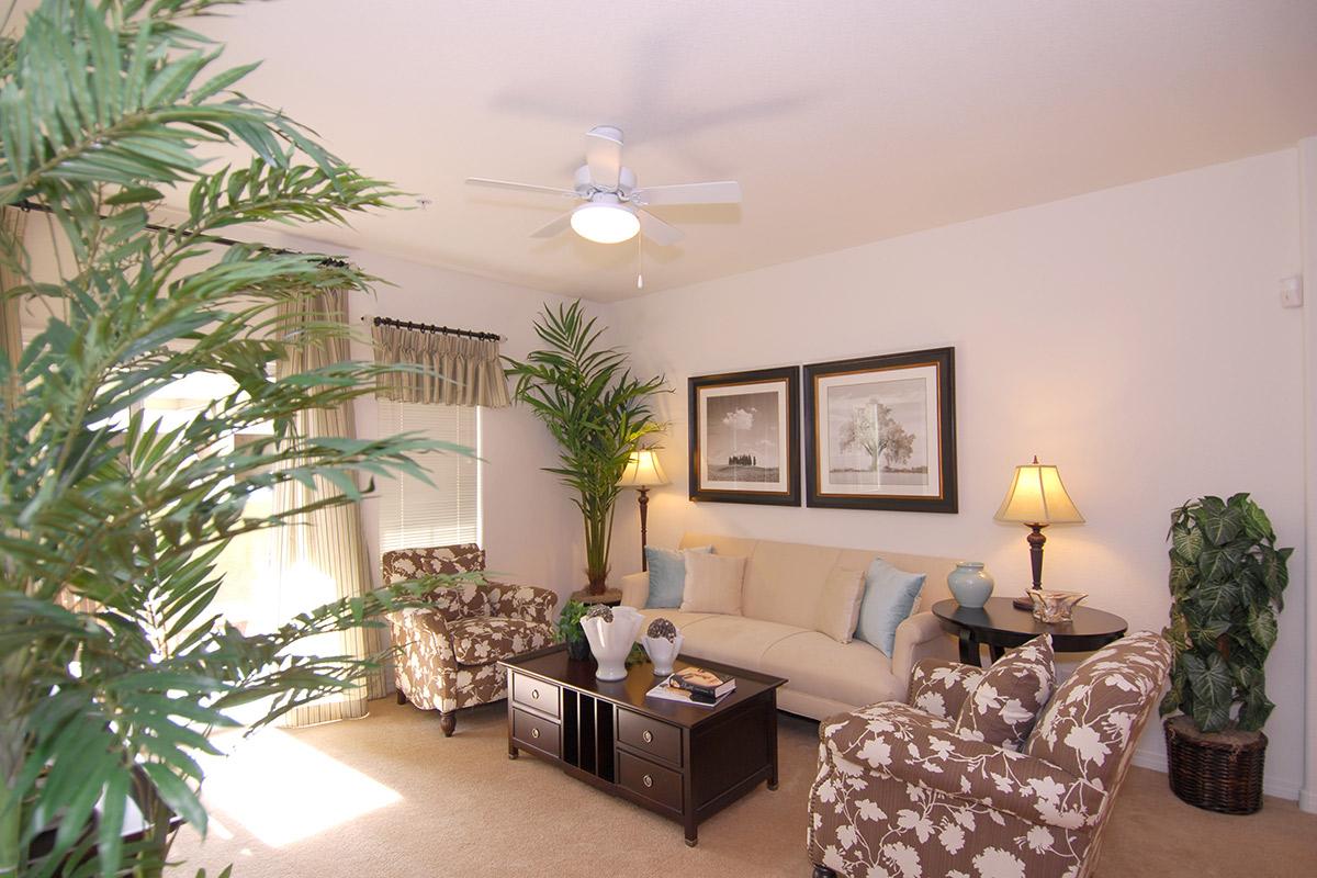 A cozy living room featuring a beige sofa with decorative pillows, two patterned armchairs, a coffee table, and plants. Natural light filters through window treatments, and there are framed artworks on the wall. There is also a ceiling fan and two lamps providing soft lighting.