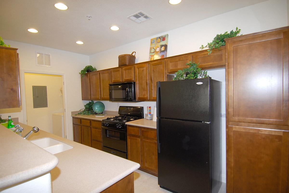 A modern kitchen with wooden cabinets, a black refrigerator, and a black gas stove. Counter space is clear, with a sink and green decorative items. Overhead lights illuminate the space. There is a door leading to another room visible in the background.