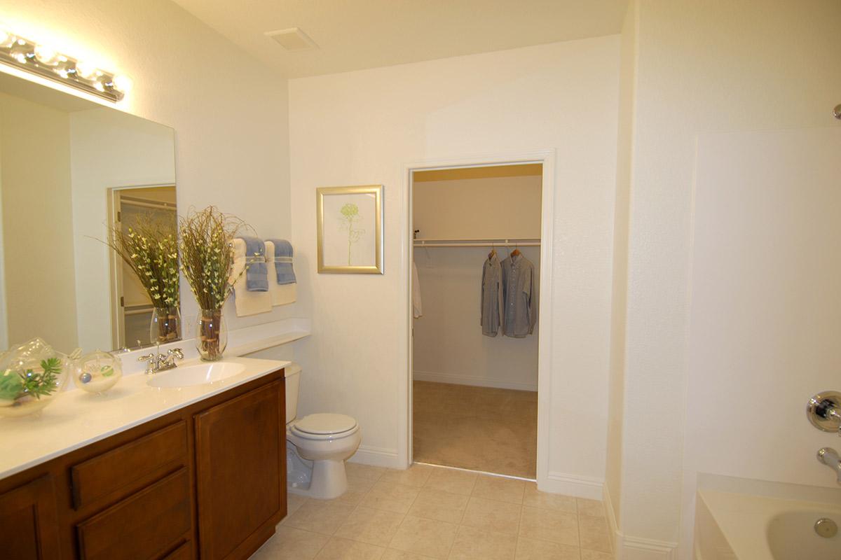 A spacious bathroom featuring a double vanity with brown cabinetry, a mirror with bright lights above, a white toilet, and a door leading to a closet. There are decorative plants near the sink, towels hanging, and a bathtub seen in the corner. The floor has light-colored tiles.