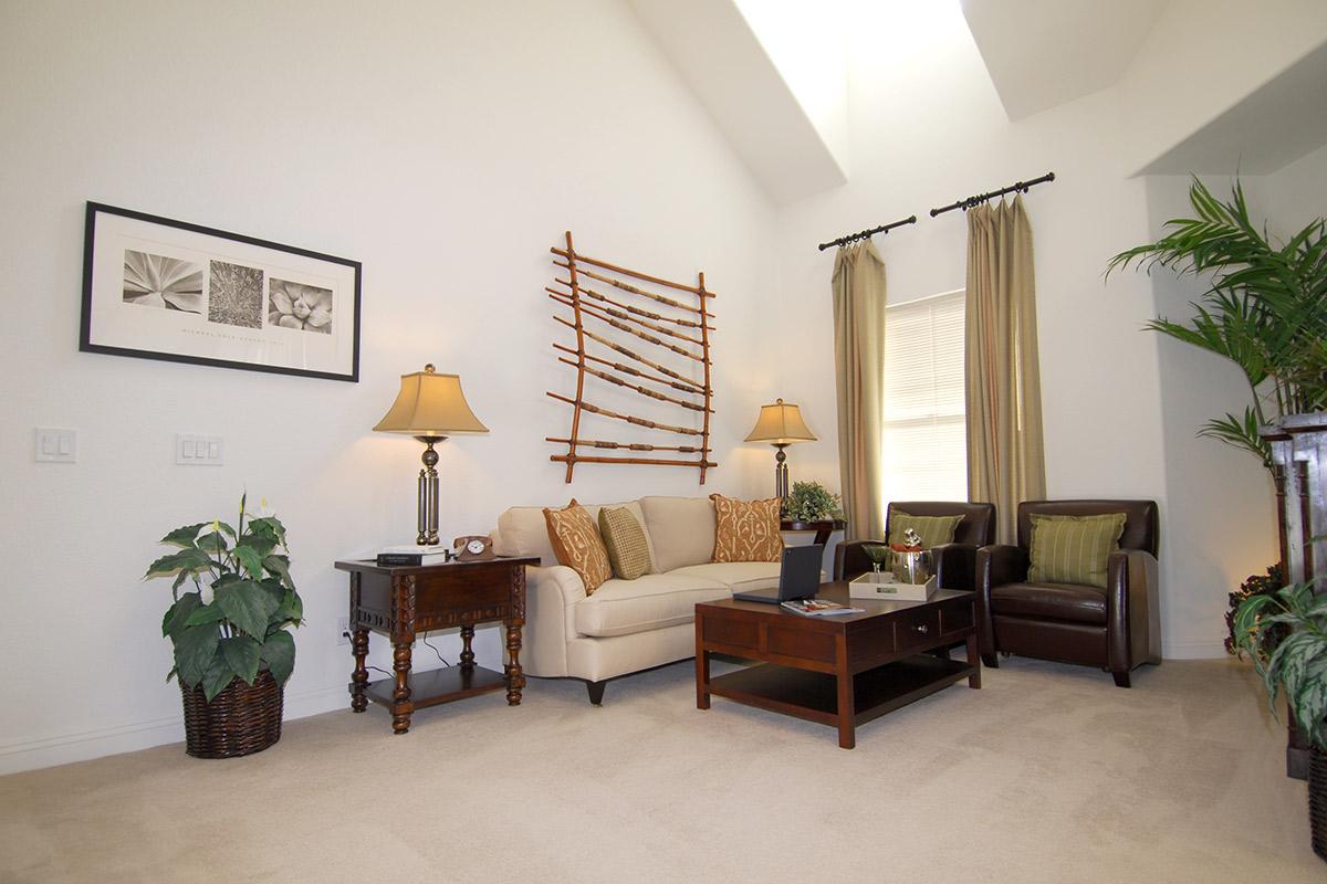 A cozy living room featuring a beige sofa with decorative pillows, a dark wooden coffee table, and a matching side table with a lamp. The walls are adorned with a framed artwork and a wooden wall decor. Large windows draped with curtains allow natural light to illuminate the space, complemented by potted plants.