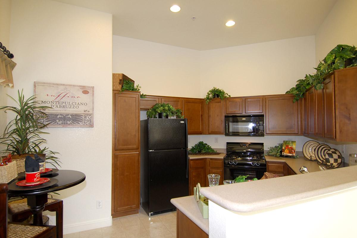 A cozy kitchen featuring wooden cabinets, a black refrigerator, and an oven. There is a small round table with decorative items and plants, creating a warm and inviting atmosphere. Natural light illuminates the space, highlighting the green plants and carefully arranged kitchen decor.