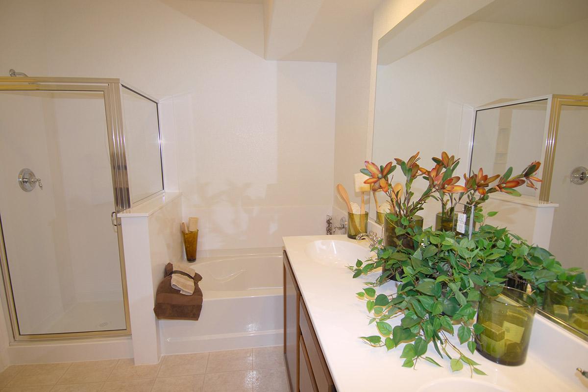 A bathroom featuring a shower stall, a bathtub, and a double sink vanity. The countertop displays a decorative arrangement of greenery and candles. The walls are painted in soft colors, creating a tranquil atmosphere. White towels are neatly arranged on the counter, enhancing the clean and organized look.
