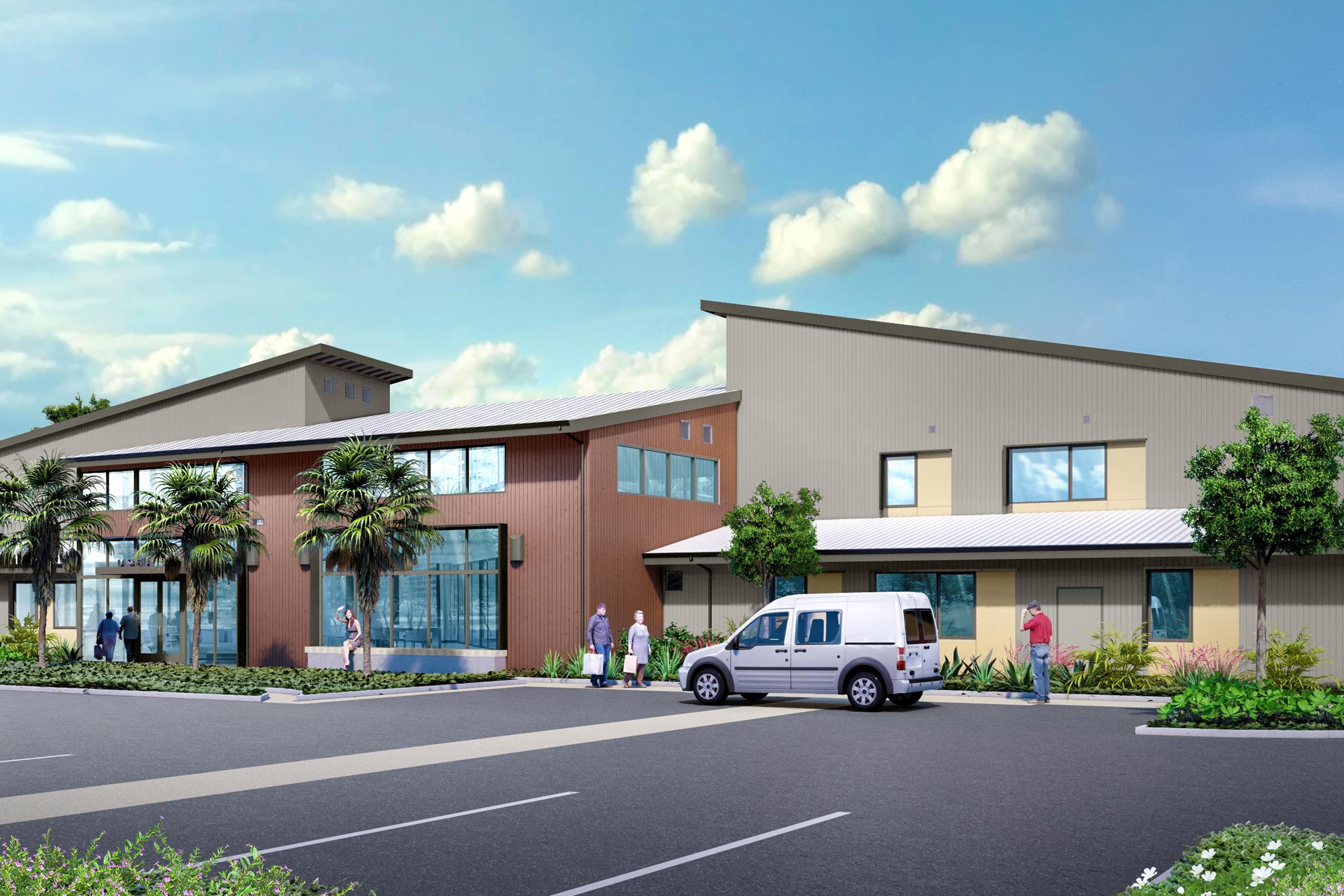 A modern commercial building featuring a mix of contemporary design elements, large windows, and landscaping with palm trees. In the foreground, a parking area with a white van and a few people walking towards the entrance. The sky is blue with some clouds, suggesting a sunny day.