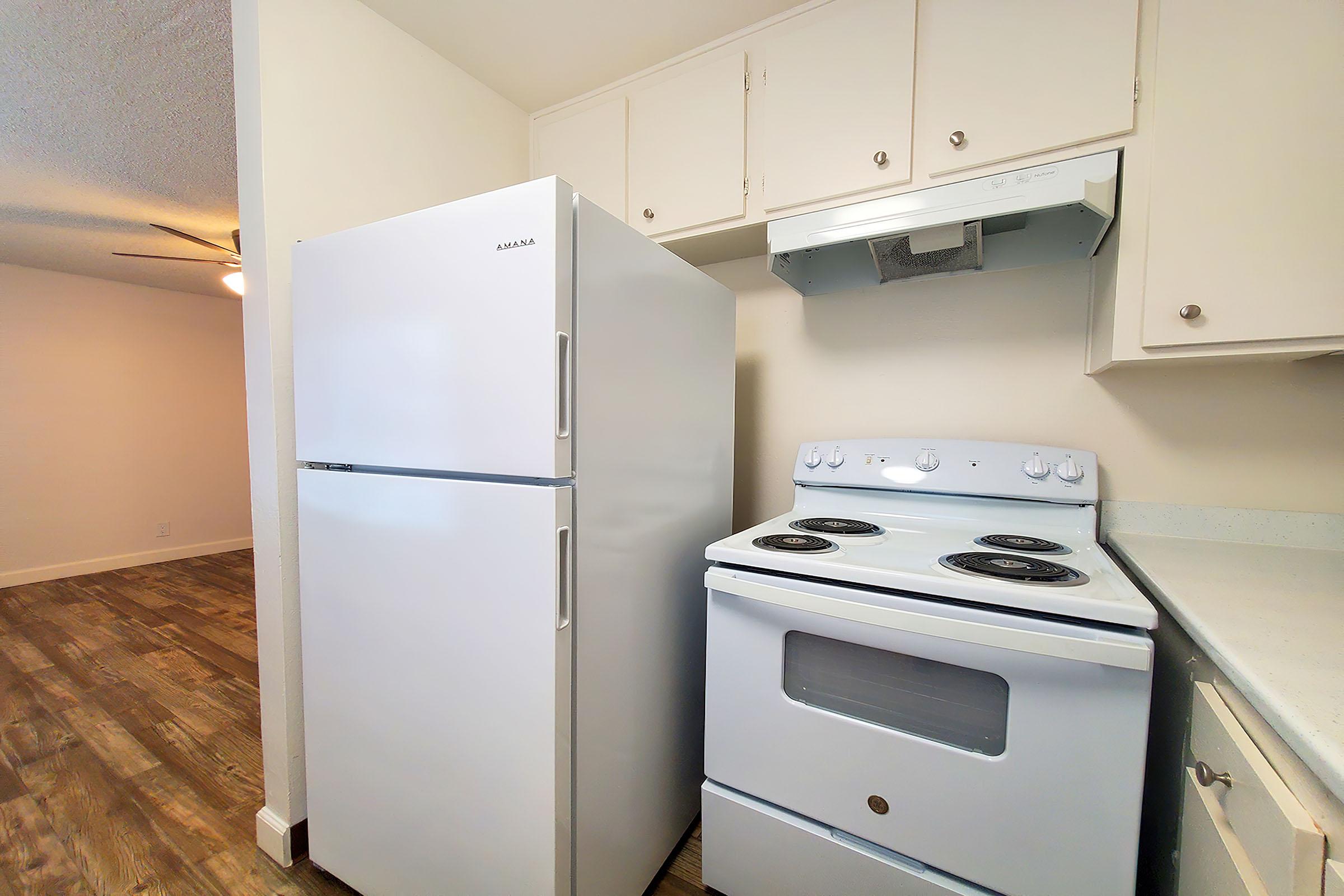 a kitchen with a stove top oven sitting inside of a refrigerator