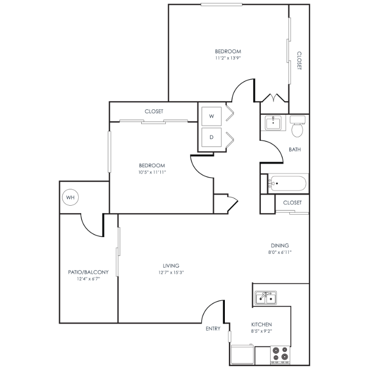 2 Bedroom 1 Bathroom floor plan