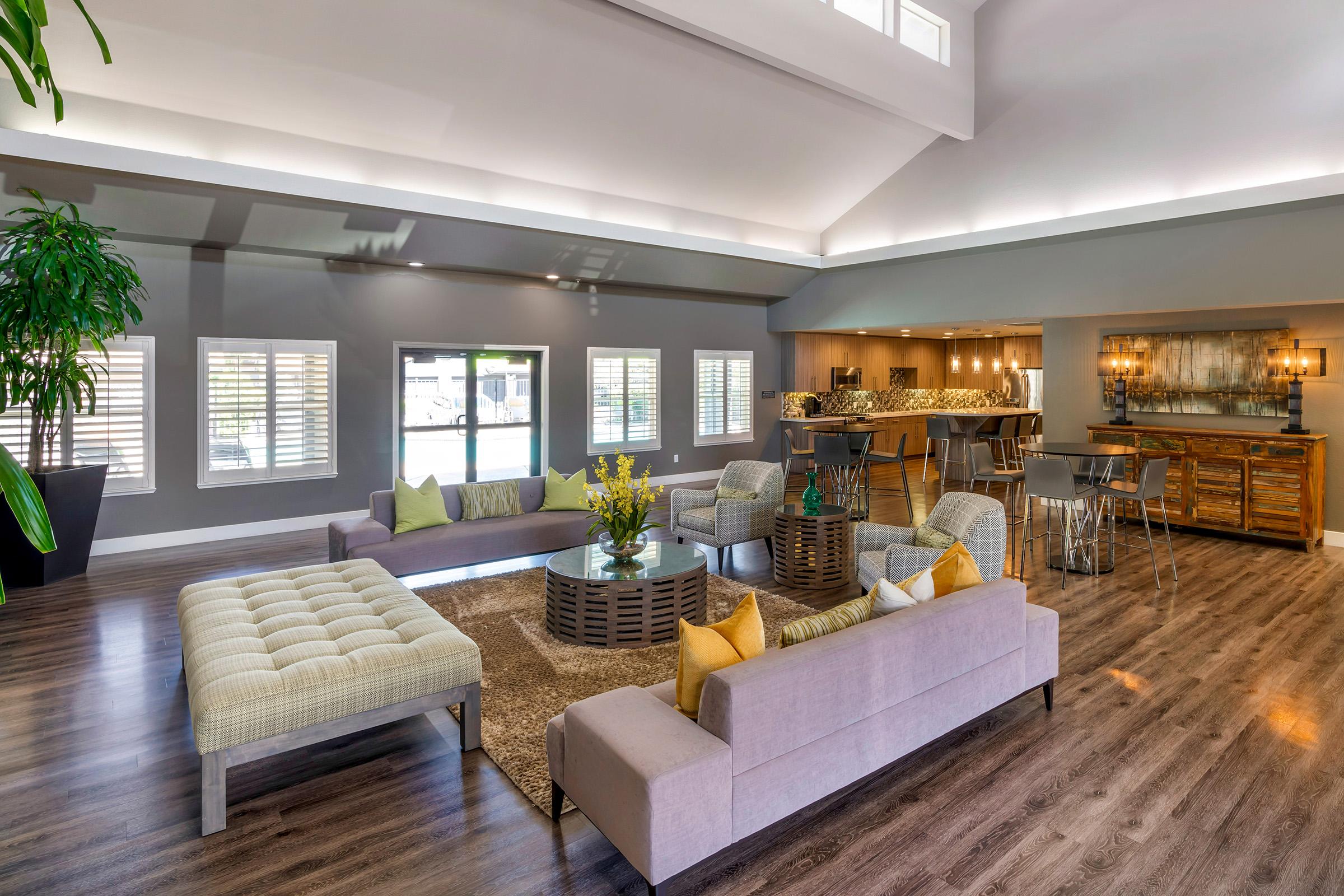A modern lounge space featuring a spacious layout with high ceilings, bright windows, and stylish furnishings. It includes a central coffee table surrounded by comfortable sofas and decorative pillows, an area rug, and a bar with stools in the background. Indoor plants add a touch of greenery to the decor.