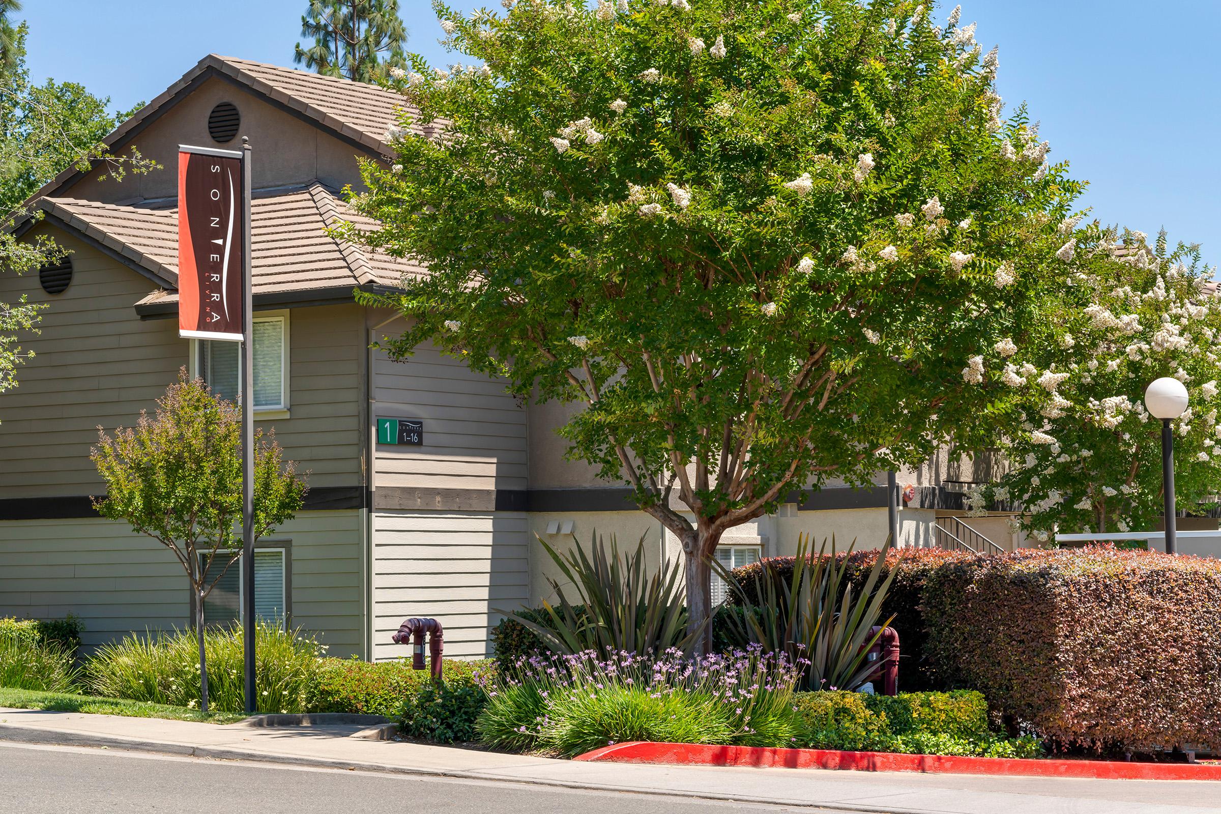 A residential building with a clear blue sky, emphasizing the peaceful neighborhood atmosphere. A clear pathway leads to the entrance.