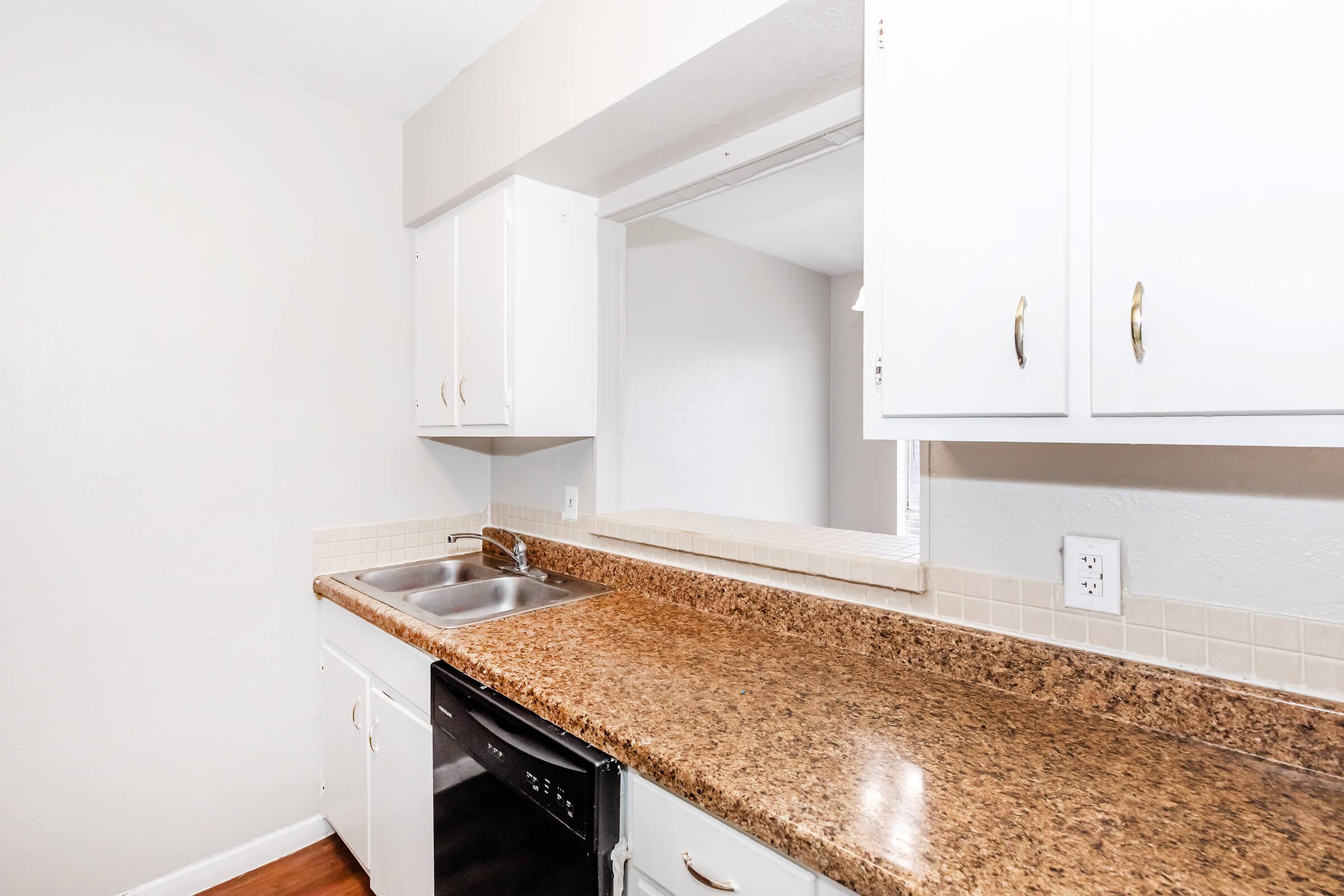 A kitchen with white cabinetry, a granite countertop, a double sink, and a black dishwasher. The room features light-colored walls and an open layout leading to a living space, allowing natural light to enter.