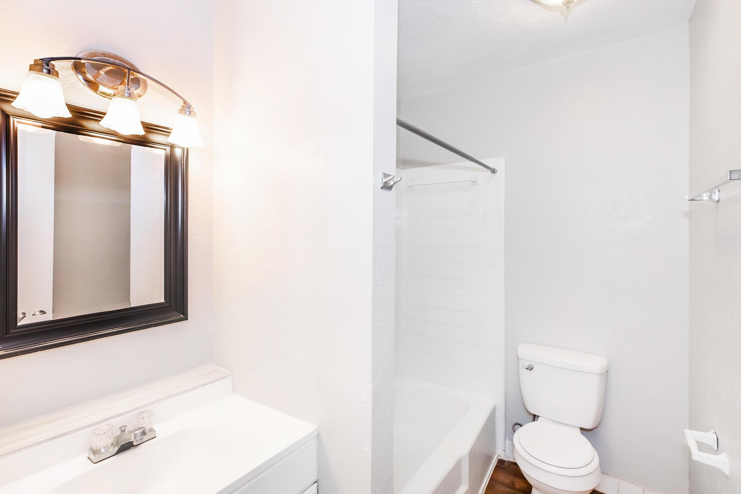 Bright bathroom featuring a white bathtub, a modern toilet, and a sleek vanity with a sink. The walls are painted in light gray, and there is a full-length mirror with a black frame. A small light fixture with three bulbs illuminates the space, creating a clean and contemporary atmosphere.