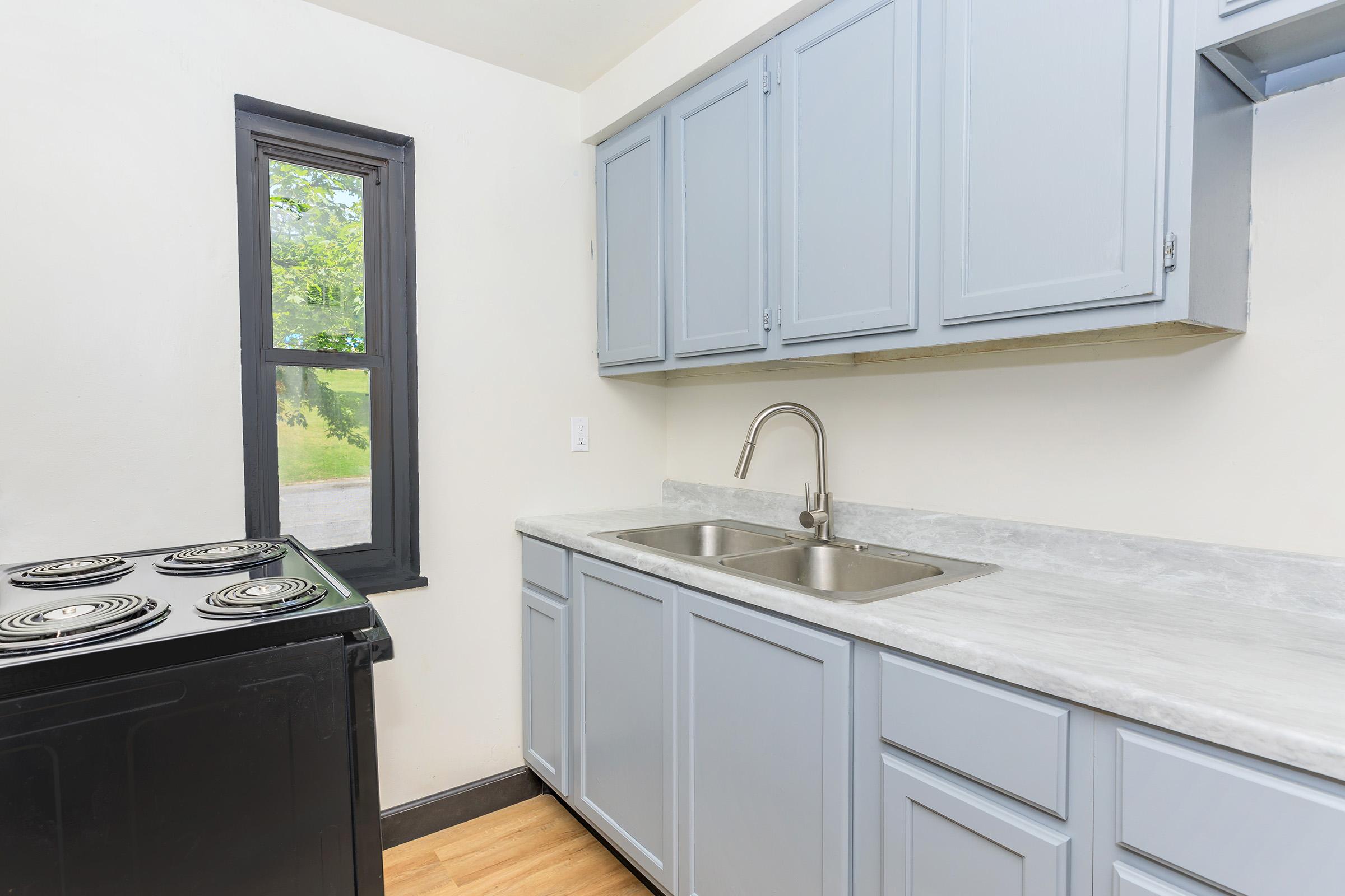 A kitchen with light gray cabinets, a double stainless steel sink, and a black stove. A window is visible, providing natural light, with green trees outside. The countertop is a light gray material, and the flooring is wooden. The overall ambiance is modern and clean.